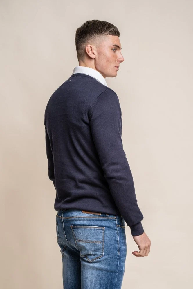 Men's Cotton Slim Fit Crewneck Jumper - Navy Blue - Image 3