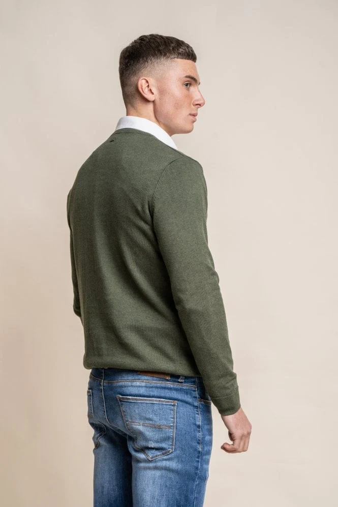 Men's Cotton Slim Fit Crewneck Jumper - Olive Green - Image 3