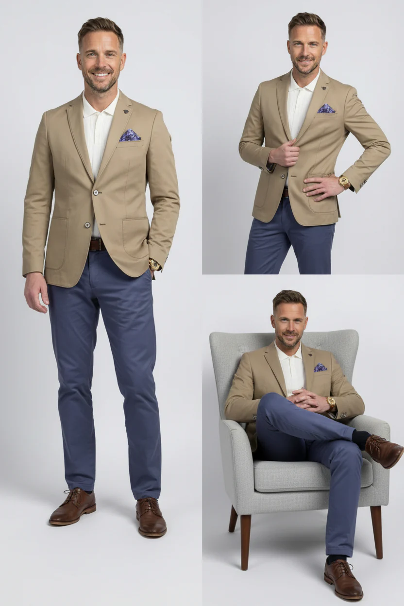 Men’s Cotton Twill Blazer with Patch Pockets - Ethan - Tan - Image 4