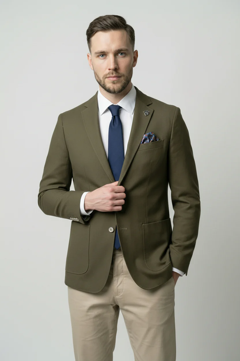 Men’s Cotton Twill Blazer with Patch Pockets - Theo - Green - Image 3