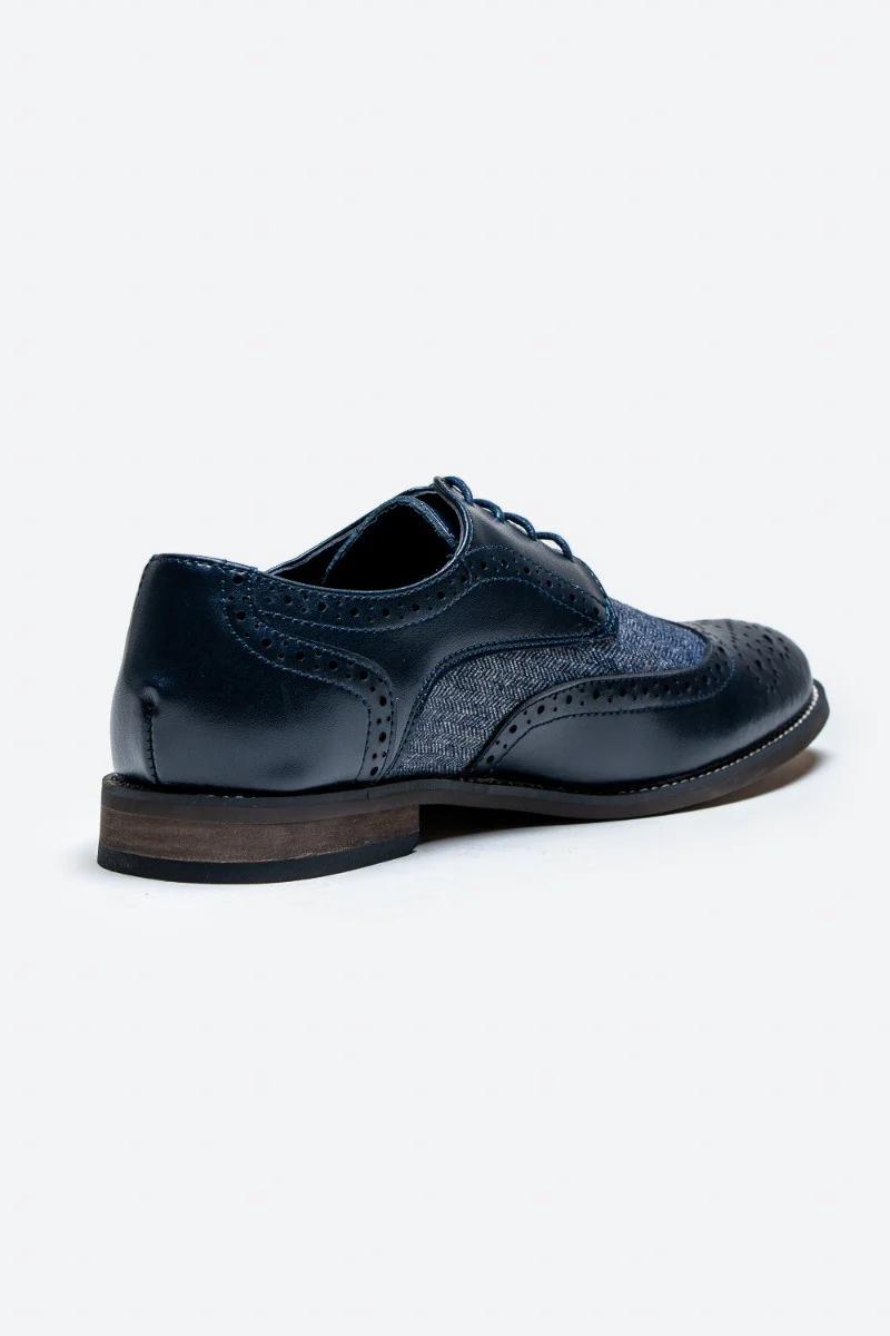 Men's Leather Tweed Retro Derby Brogue Shoes - Oliver - Navy Blue - Image 3