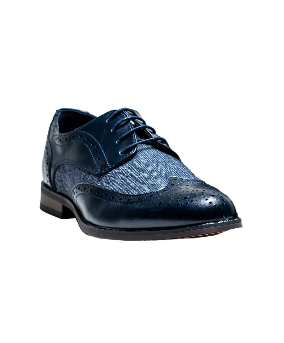 Men's Leather Tweed Retro Derby Brogue Shoes - Oliver - Navy Blue - Image 4