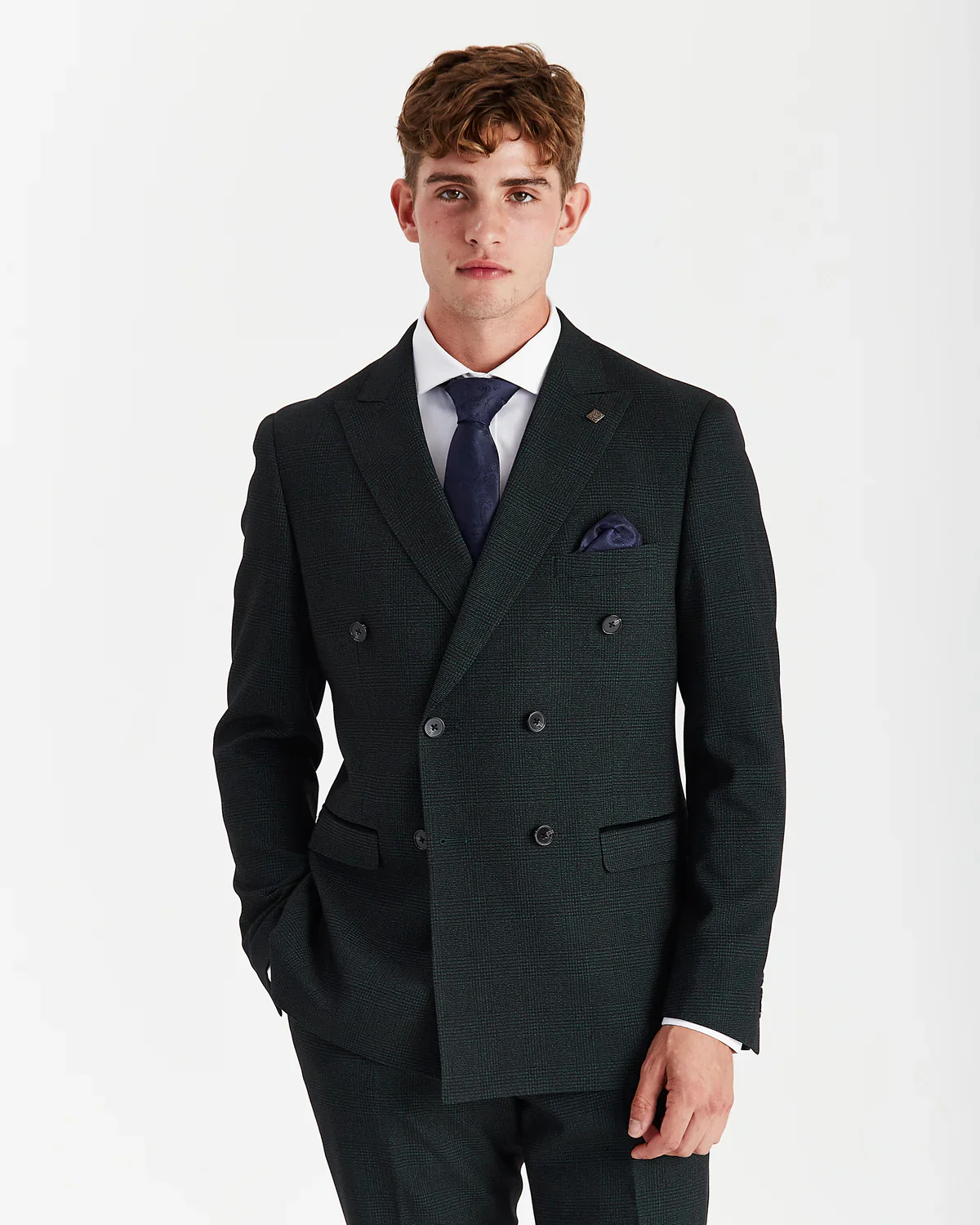 Men’s Double Breasted Glen Check Tweed Suit Jacket - Regent - Olive Green