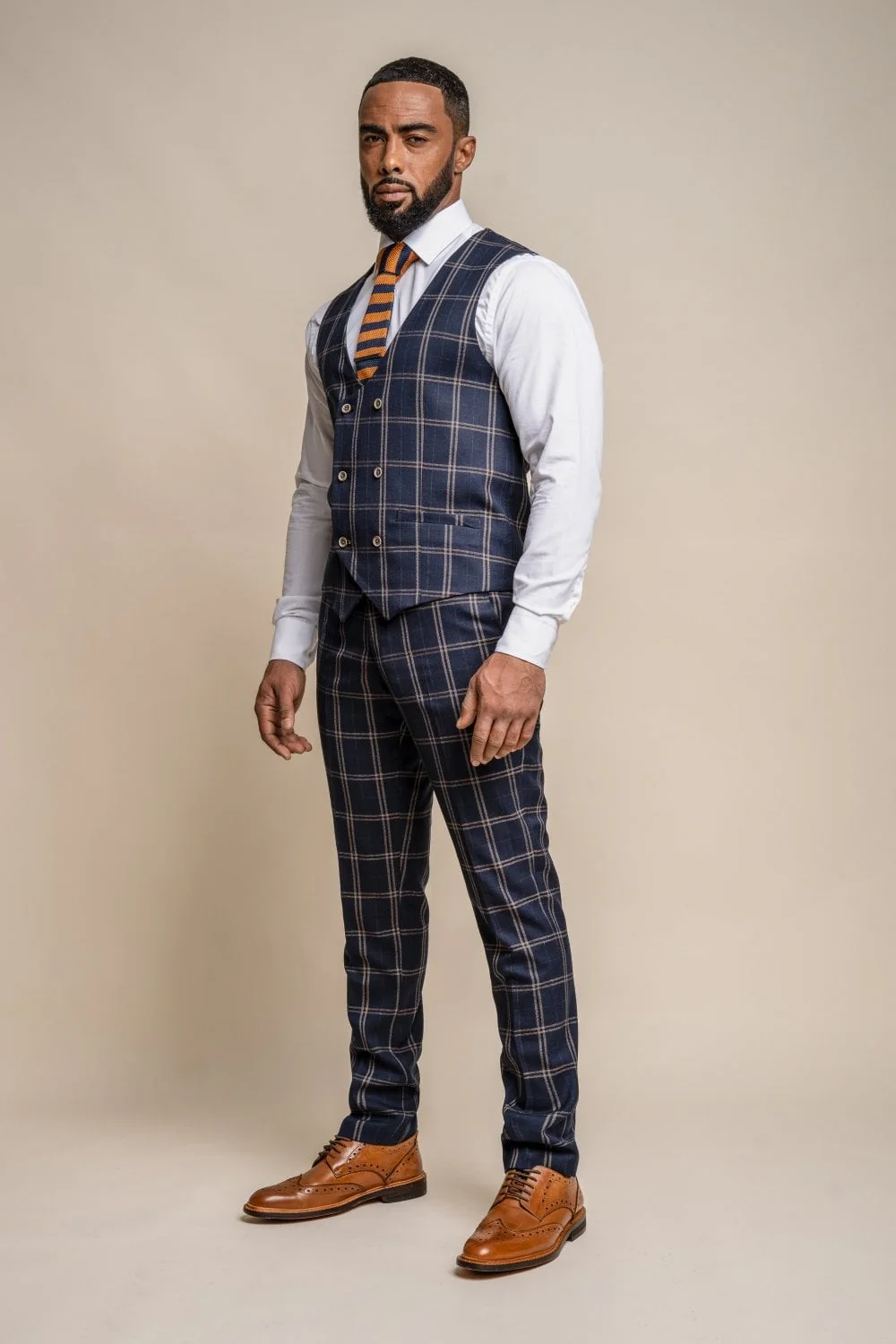Men's Retro Check Double Breasted Waistcoat - HARDY - Navy Blue - Image 2
