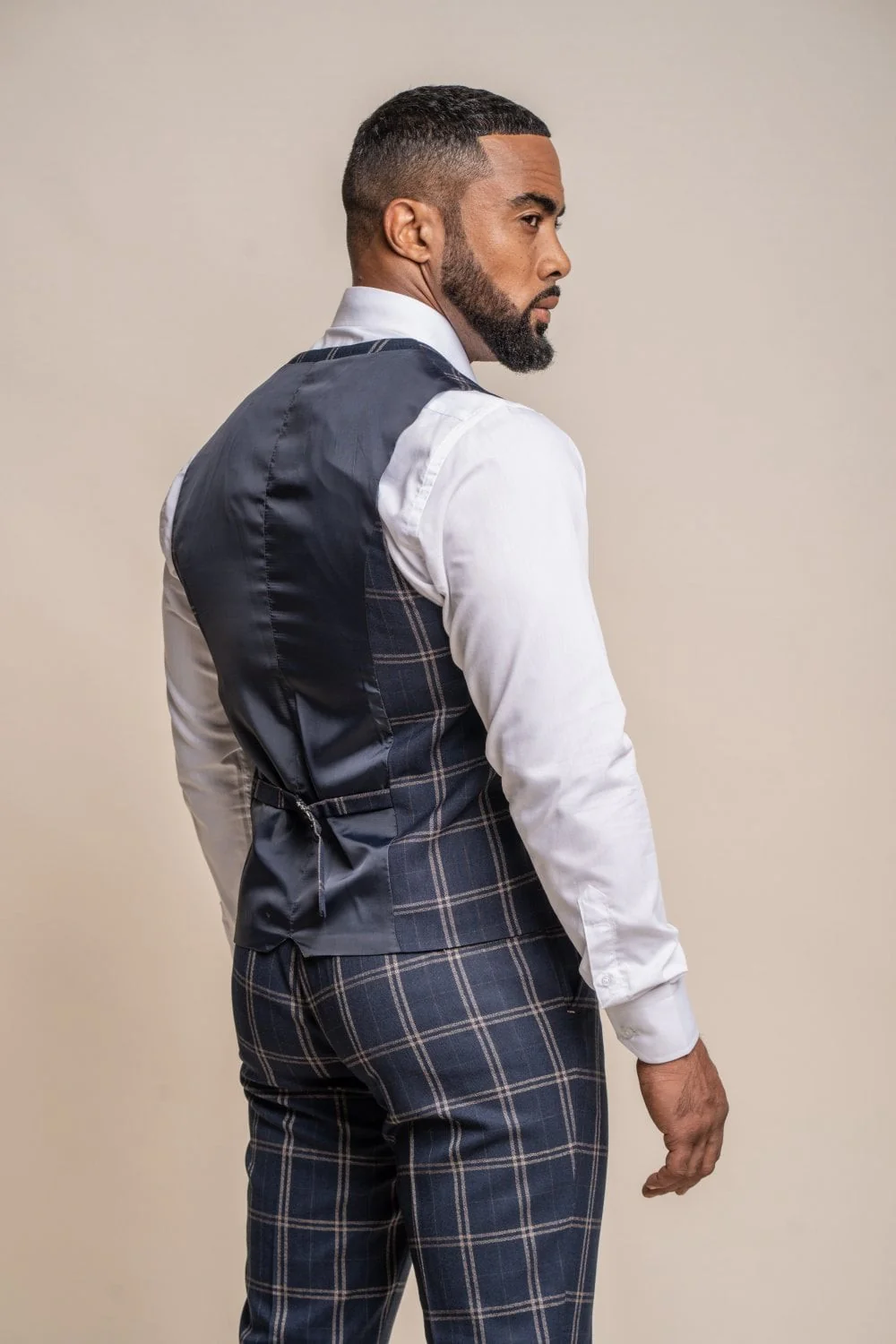Men's Retro Check Double Breasted Waistcoat - HARDY - Navy Blue - Image 3