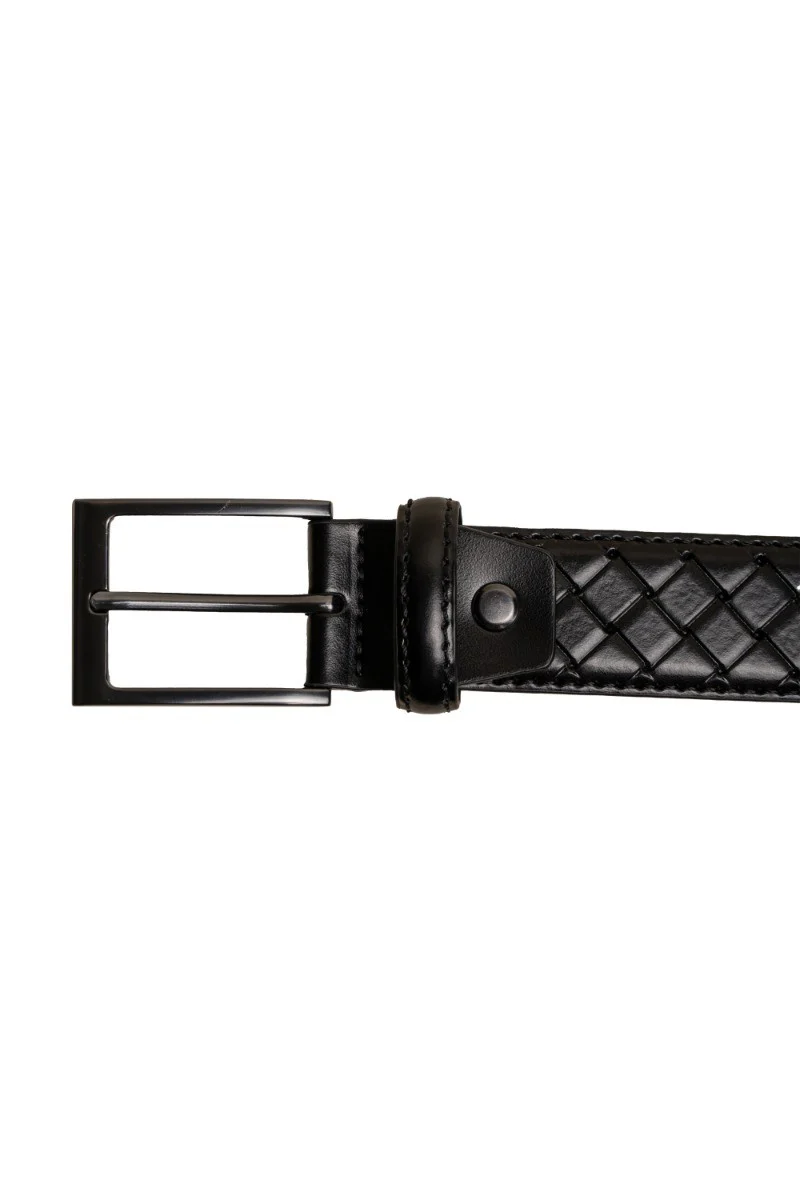 Men's Leather Patterned Belt - Black - Image 2