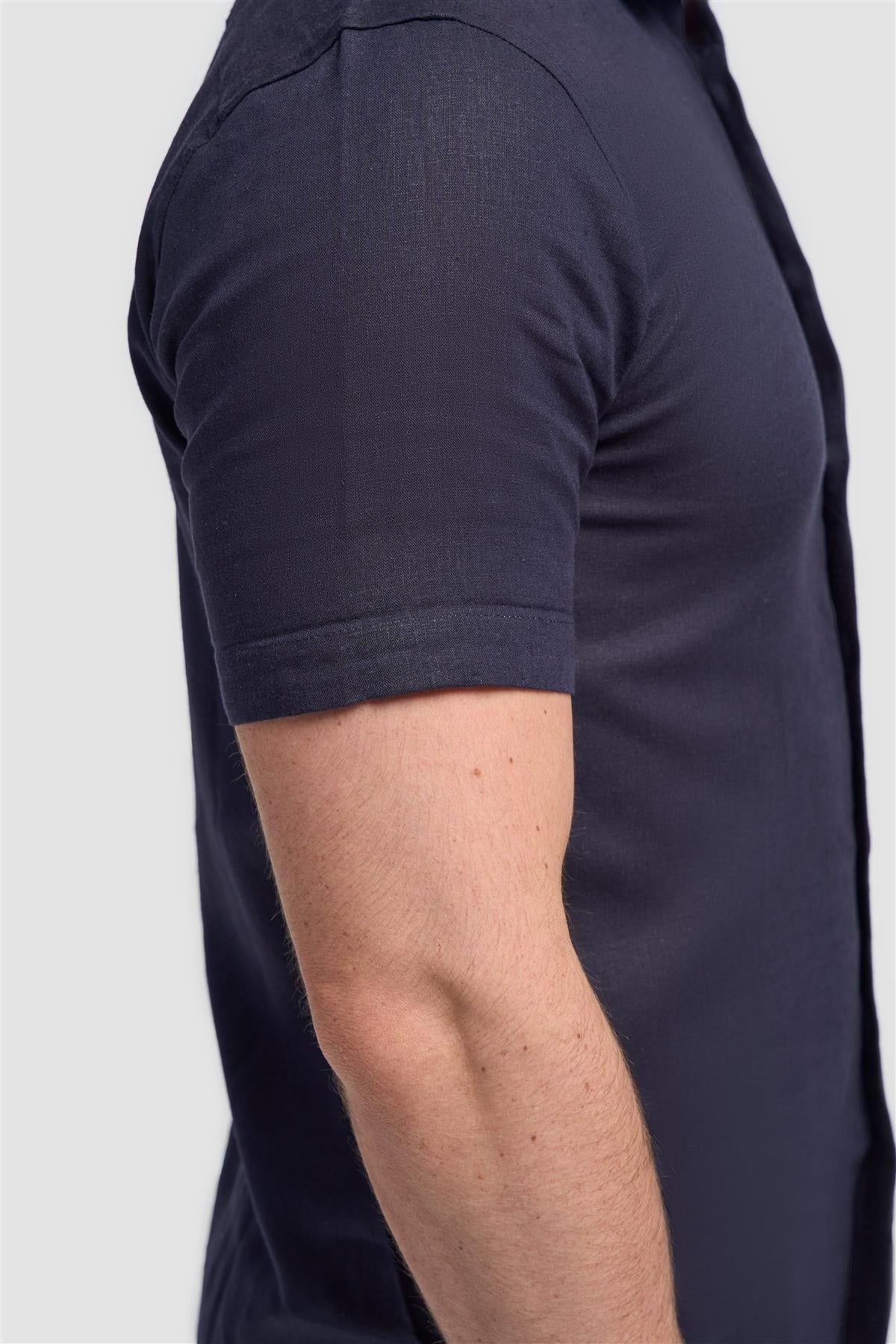 Men’s Linen Blend Short Sleeve Shirt with Cuff Trim - Matera - Navy - Image 5