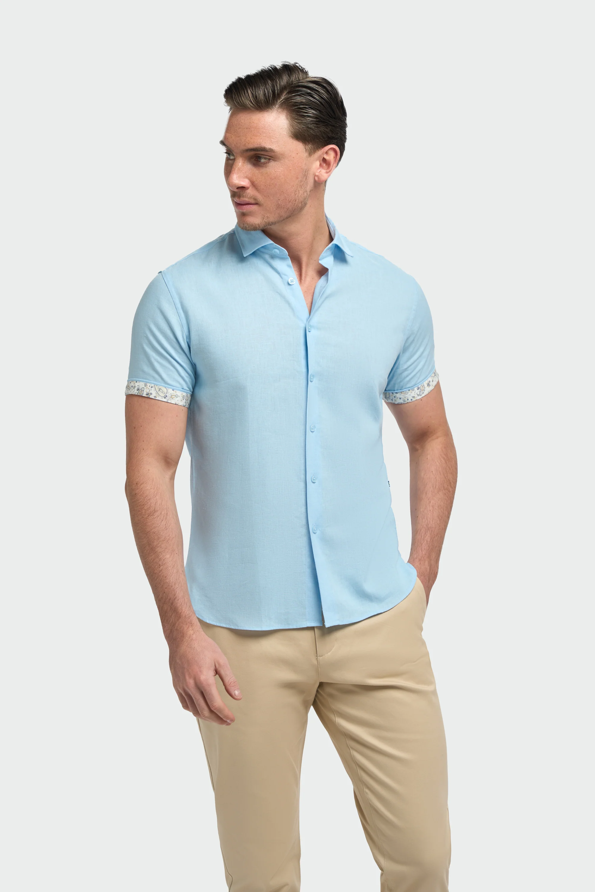 Men’s Linen Blend Short Sleeve Shirt with Cuff Trim - Matera - Sky Blue
