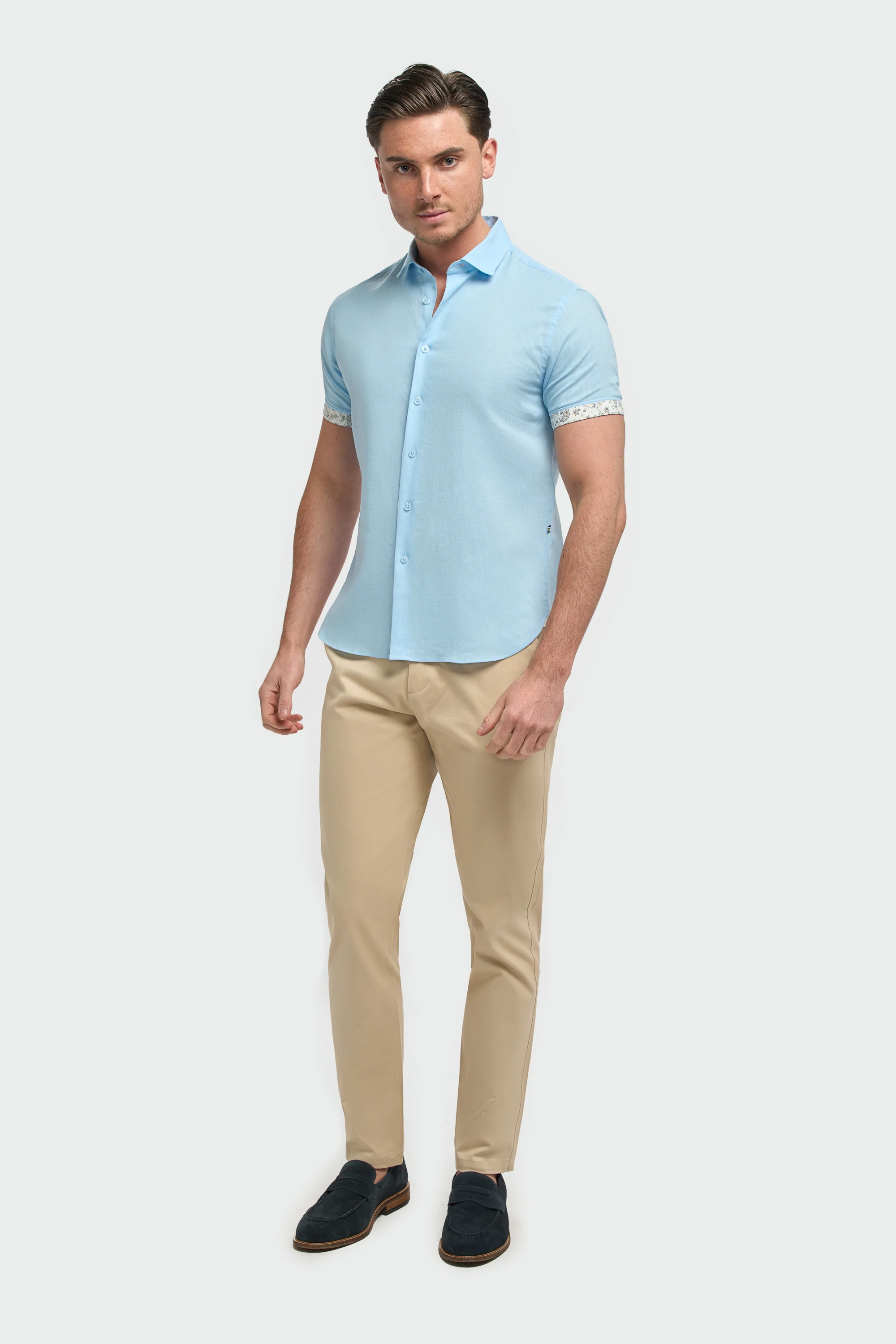 Men’s Linen Blend Short Sleeve Shirt with Cuff Trim - Matera - Sky Blue - Image 2