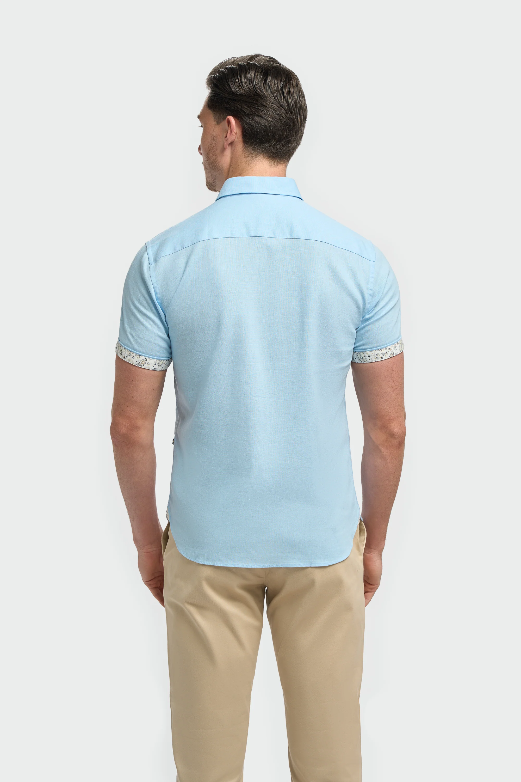 Men’s Linen Blend Short Sleeve Shirt with Cuff Trim - Matera - Sky Blue - Image 3