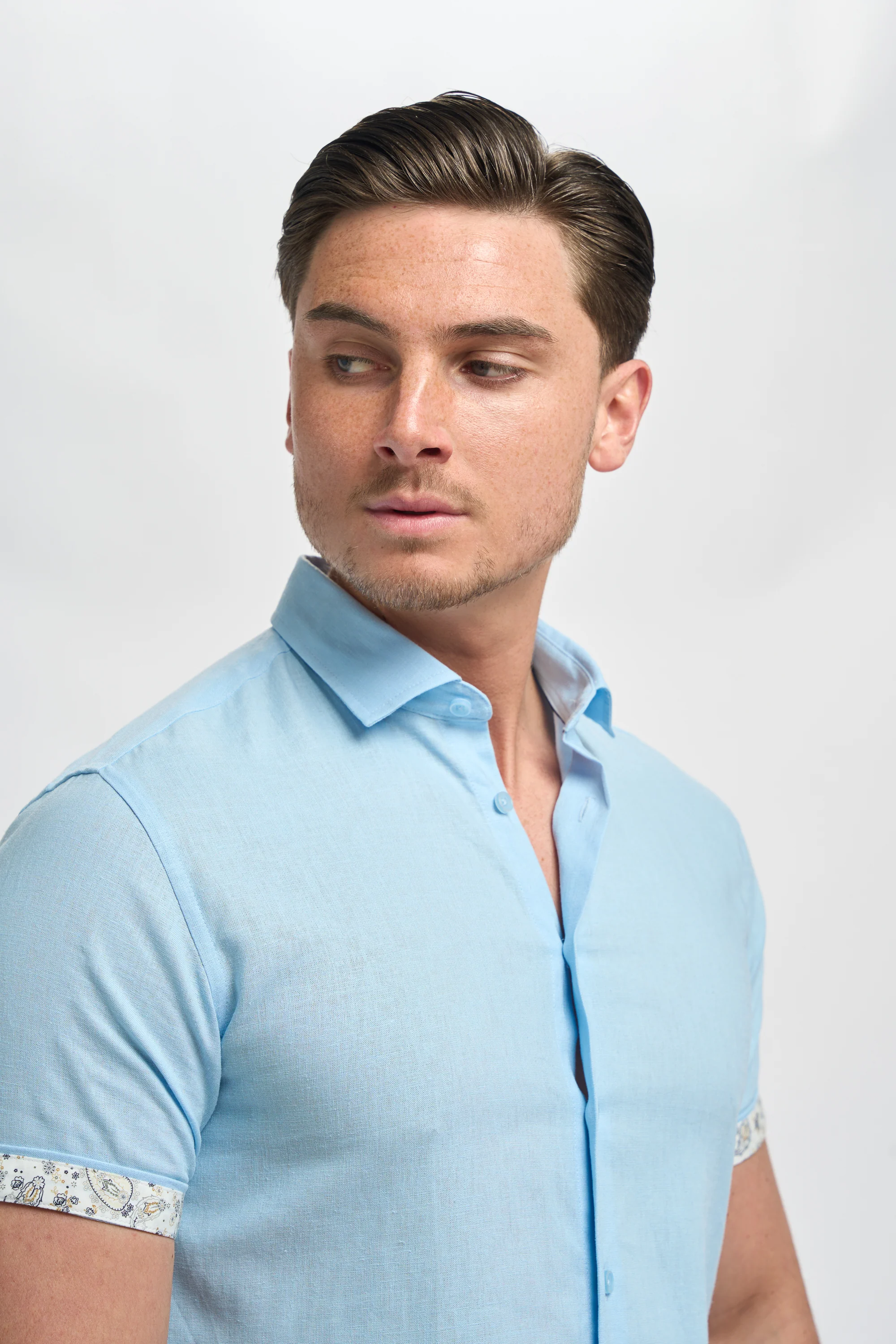 Men’s Linen Blend Short Sleeve Shirt with Cuff Trim - Matera - Sky Blue - Image 4