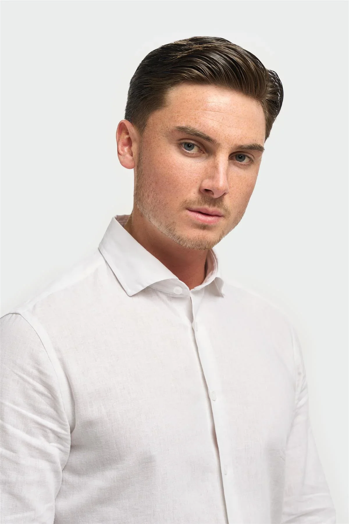 Men’s Linen Blend Slim Fit Button Up Shirt - Matera - White - Image 3