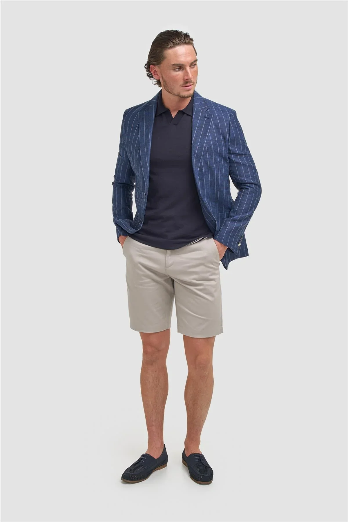 Men’s Linen Pinstripe Blazer with Patch Pockets - Piero - Navy Blue - Image 2