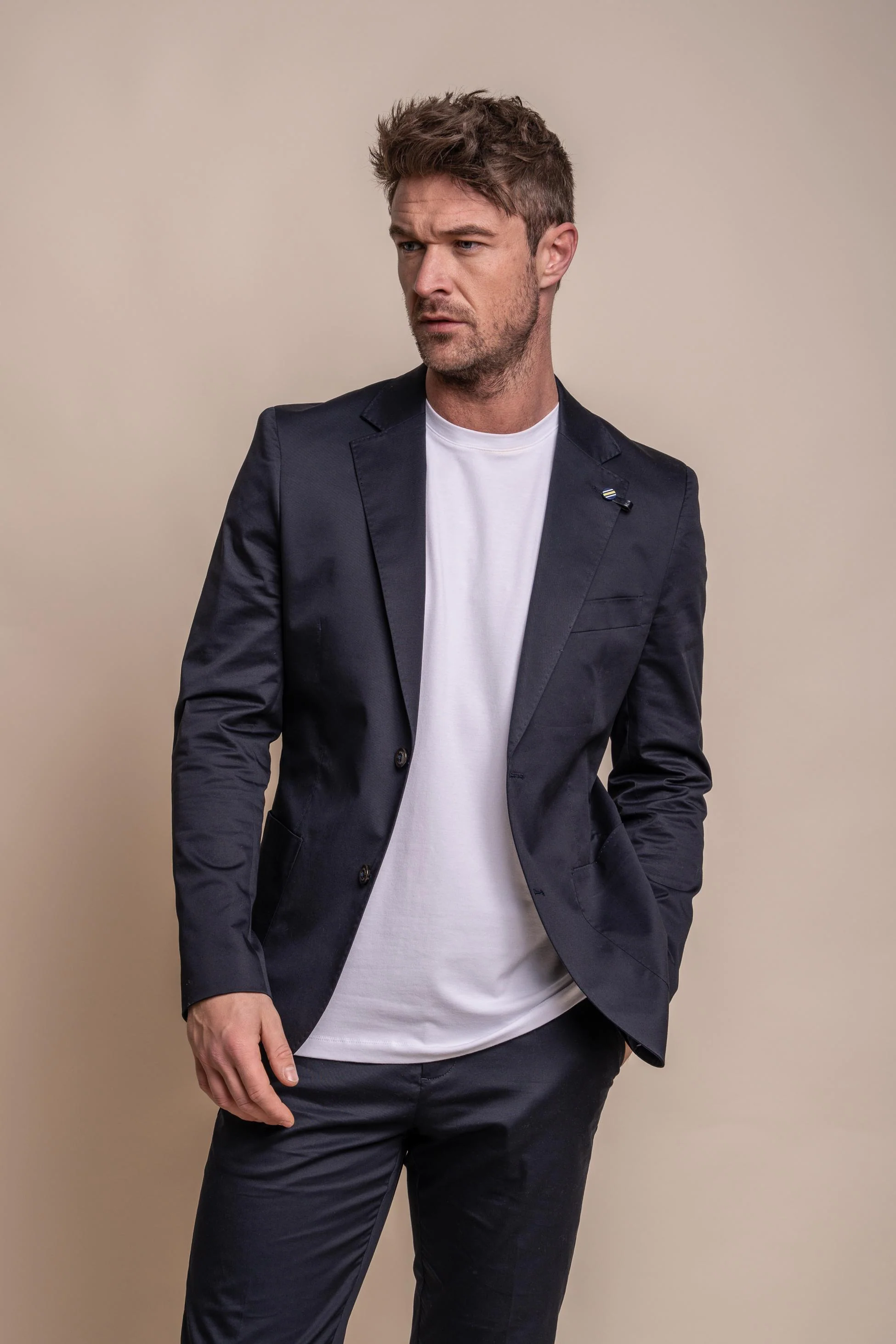 Men's Cotton Slim Fit Formal Suit Jacket - MARIO - Navy Blue