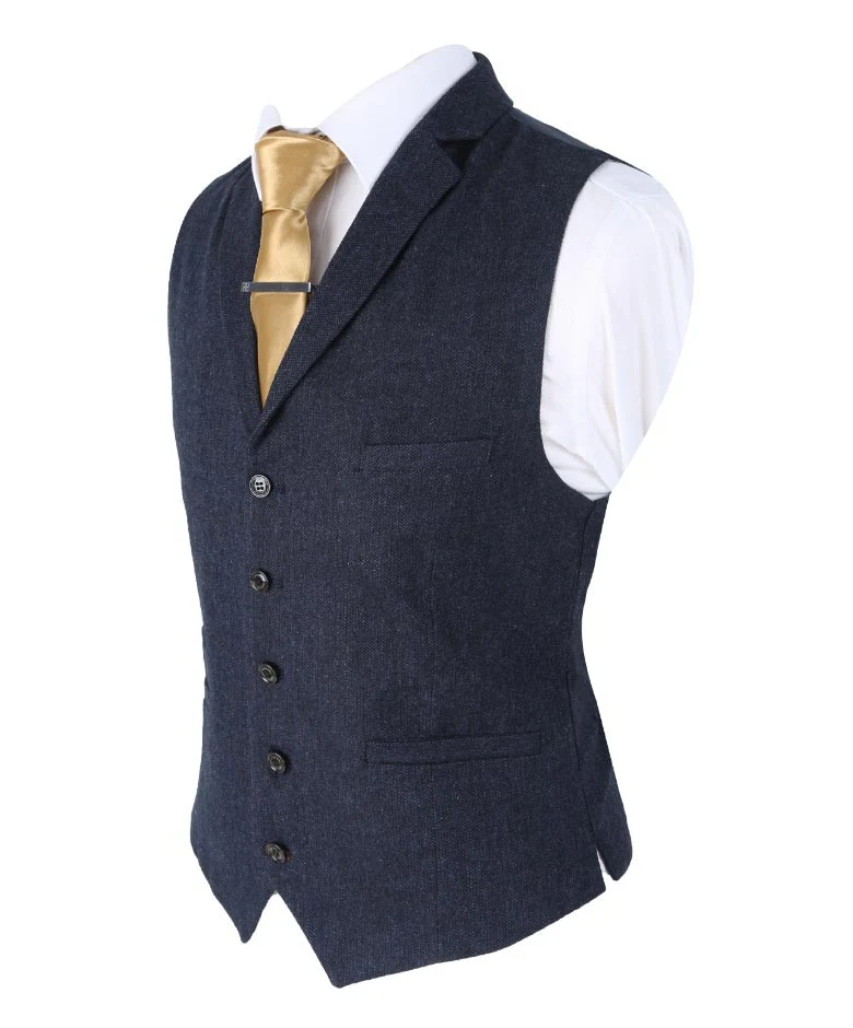 Men's Herringbone Tweed Slim Fit Waistcoat - MARTEZ - Navy Blue - Image 3