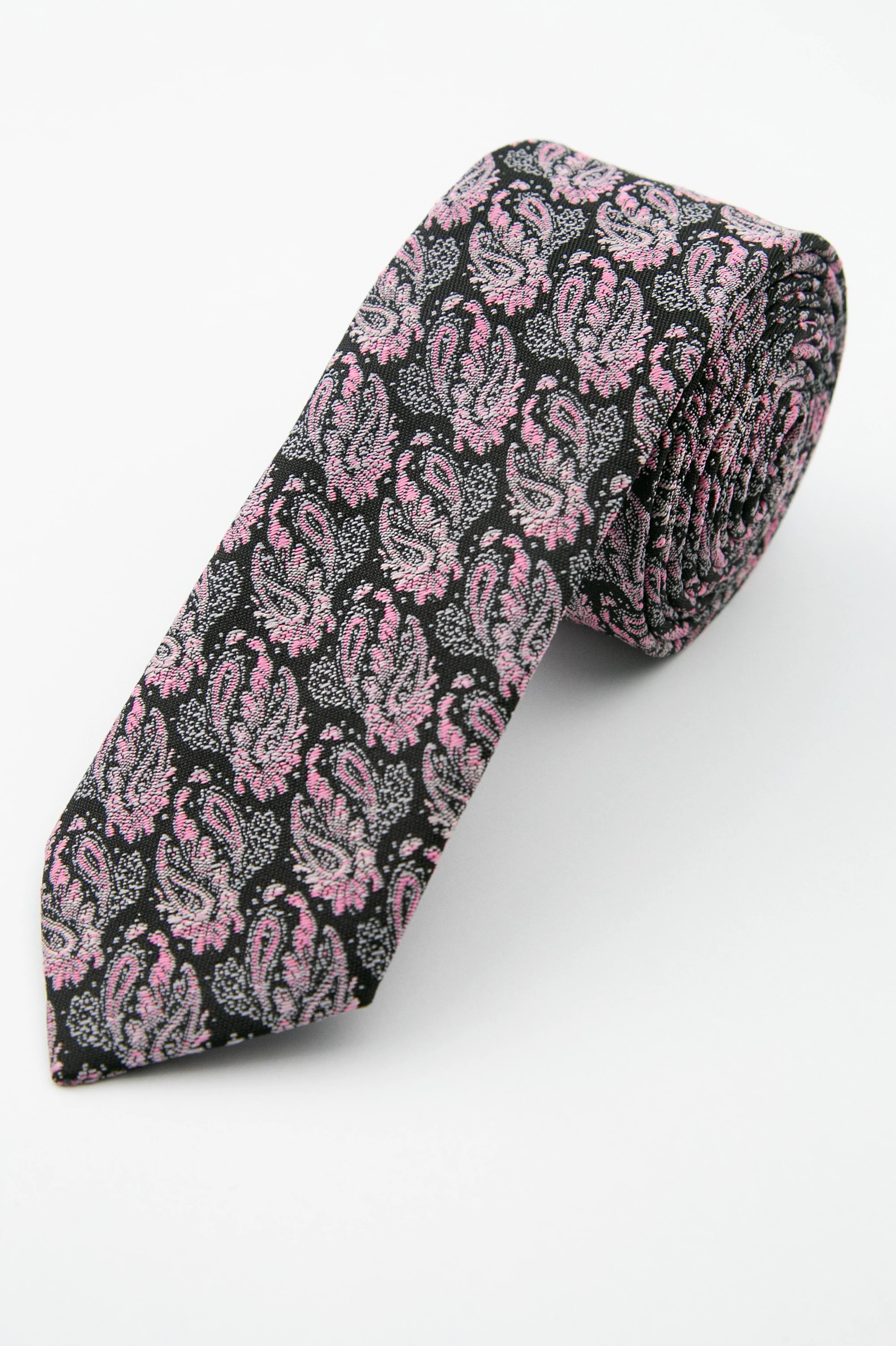 Men’s Paisley Slim Tie & Pocket Square Set - Pink and Black - Image 2