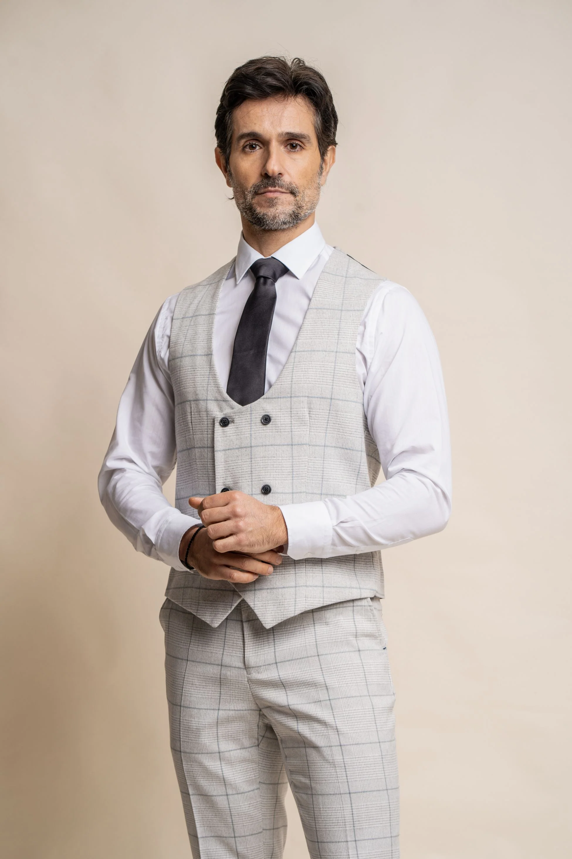 Men's Double Breasted Retro Check Grey Waistcoat - RADIKA - Light Grey - Image 2