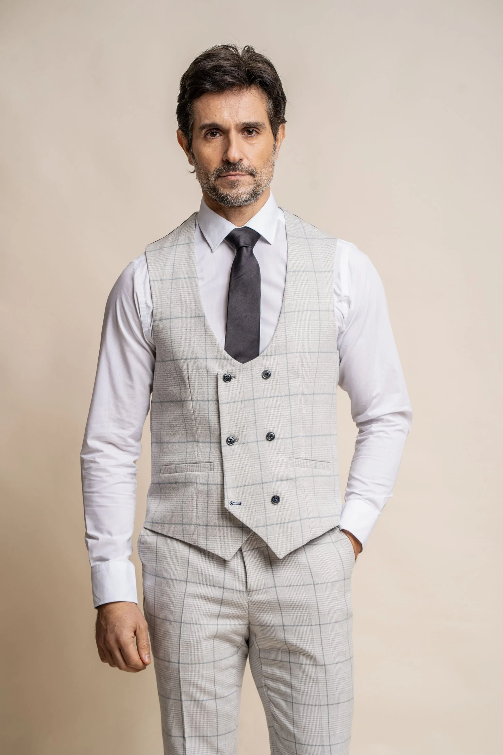 Men's Double Breasted Retro Check Grey Waistcoat - RADIKA - Light Grey - Image 3