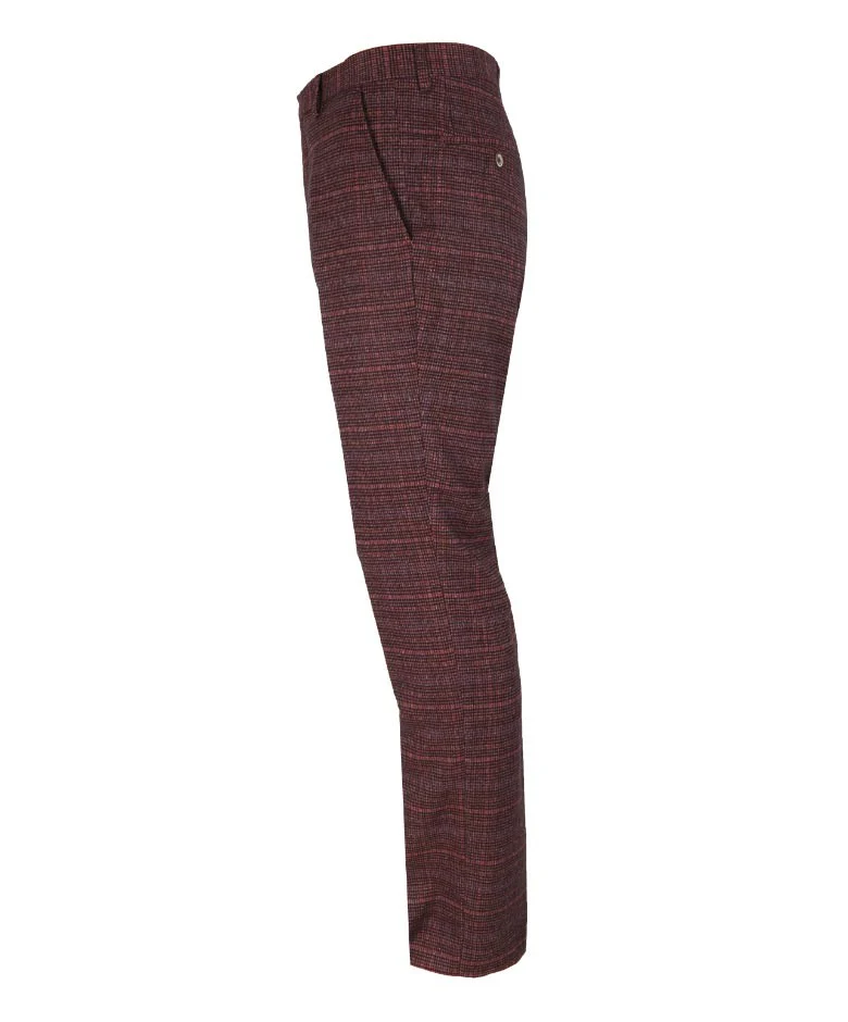 Men's Slim Fit Check Tweed Trousers - CARLY Wine - Wine - Image 3