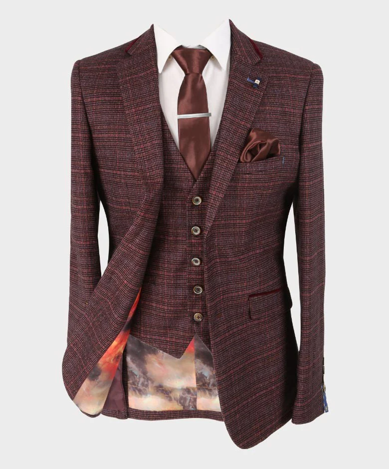 Men's Slim Fit Retro Tweed Blazer - CARLY - Wine - Image 3