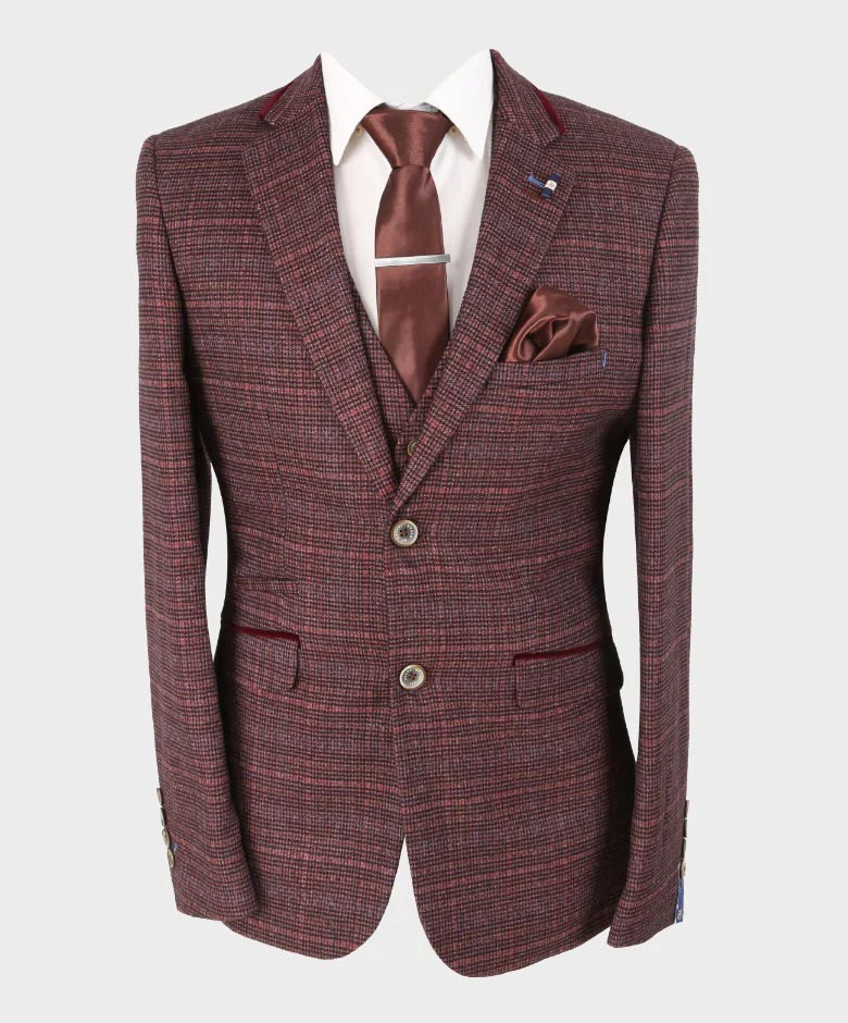 Men's Slim Fit Retro Tweed Blazer - CARLY - Wine - Image 4