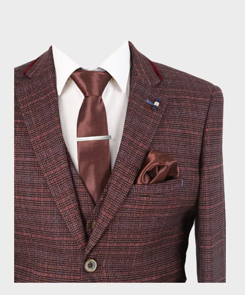 Men's Slim Fit Retro Tweed Blazer - CARLY - Wine - Image 5