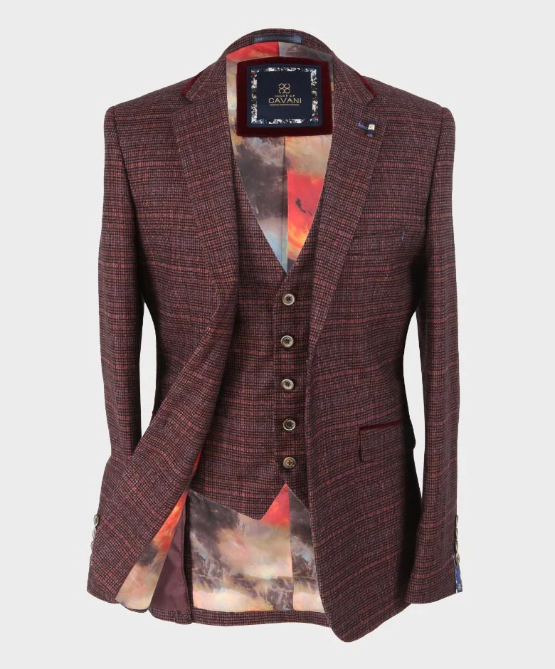 Men's Slim Fit Retro Tweed Blazer - CARLY - Wine - Image 7