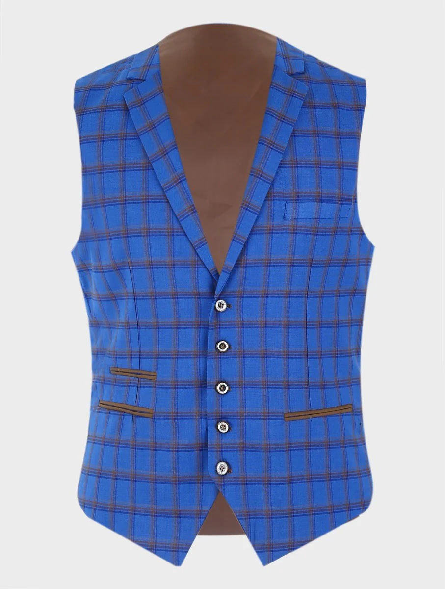 Men's Slim Fit Retro Check Blazer and Waistcoat - GRAVANO - Royal Blue - Image 2