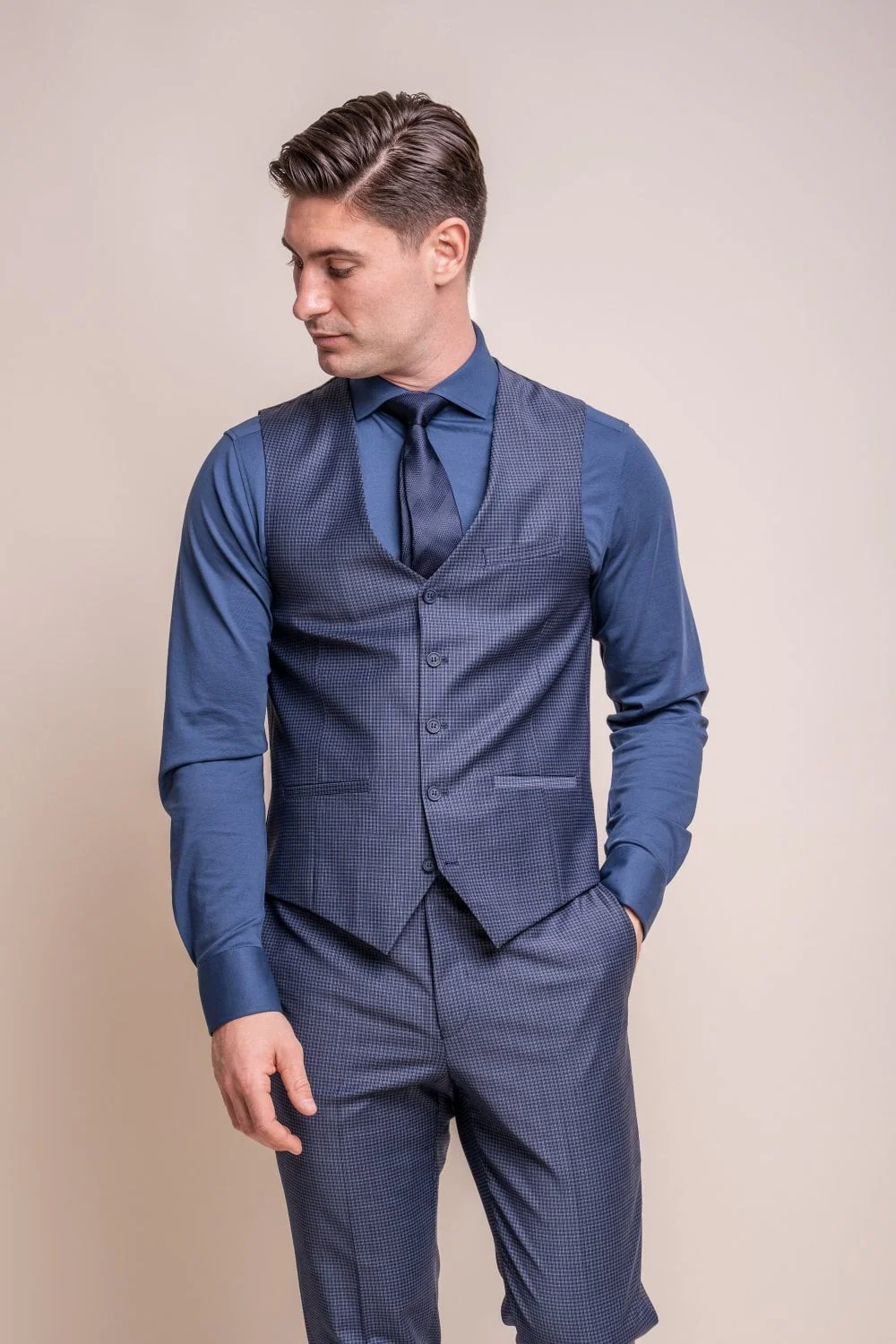 Men's Wool Blend Slim Fit Waistcoat - BOND - Navy Check