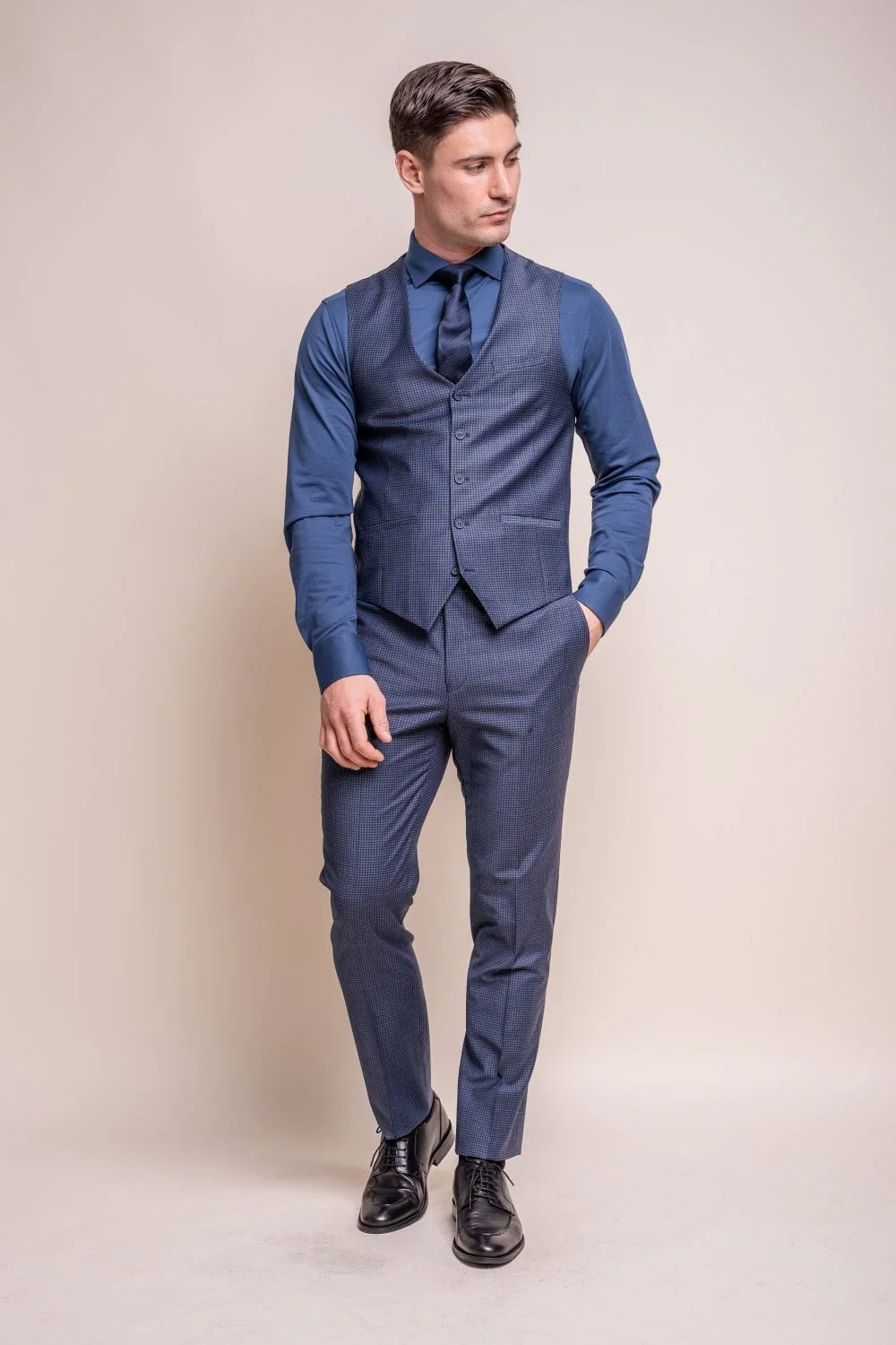 Men's Wool Blend Slim Fit Waistcoat - BOND - Navy Check - Image 2