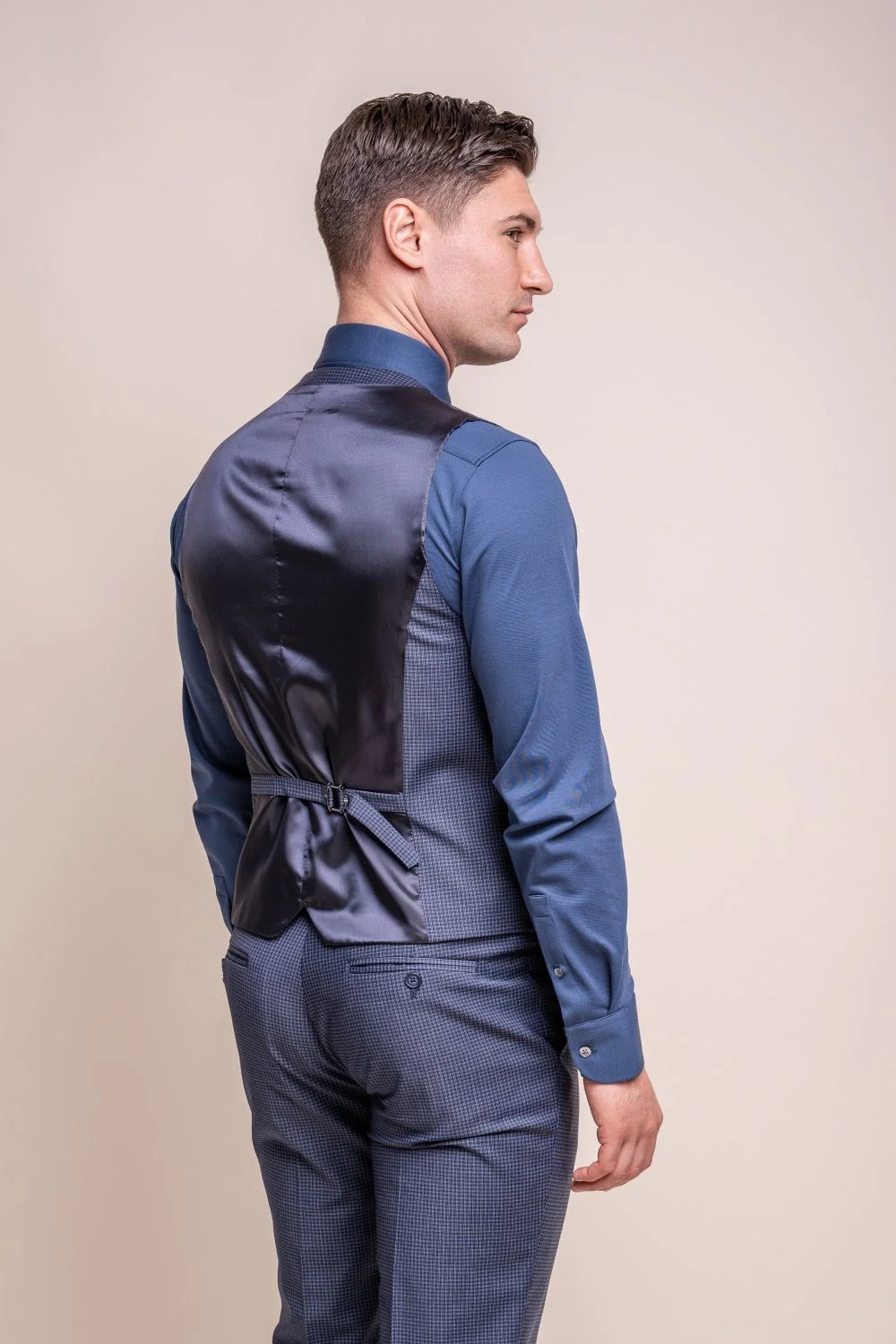 Men's Wool Blend Slim Fit Waistcoat - BOND - Navy Check - Image 3