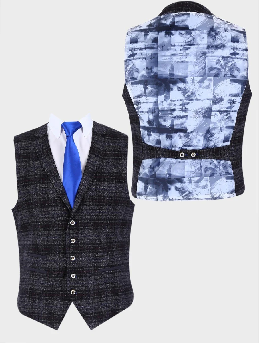 Men's Retro Black Check Slim Fit Waistcoat - GRAVANO - Black - Image 2