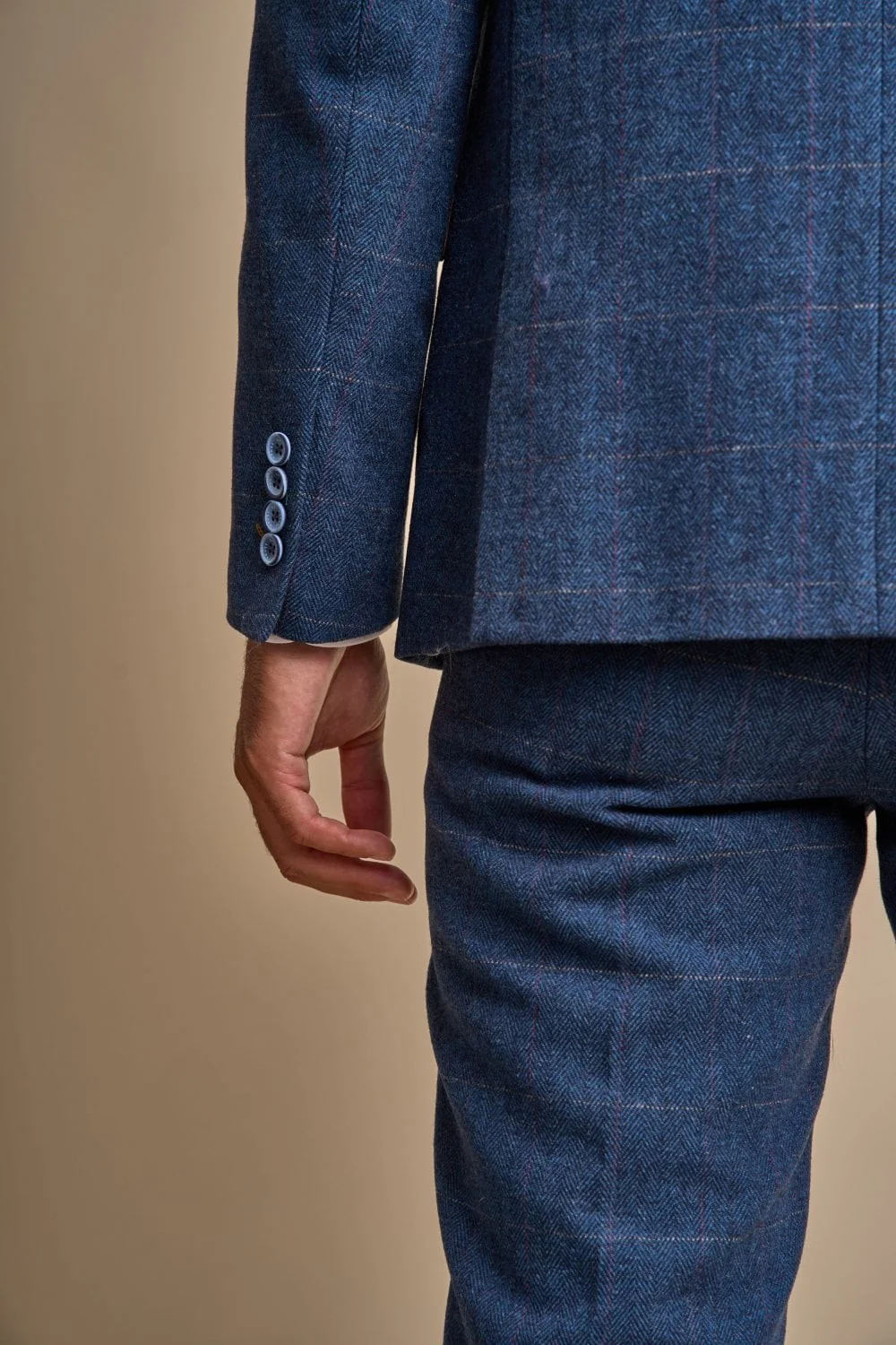 Men's Slim Fit Herringbone Tweed Suit Jacket - CARNEGI - Blue - Image 4
