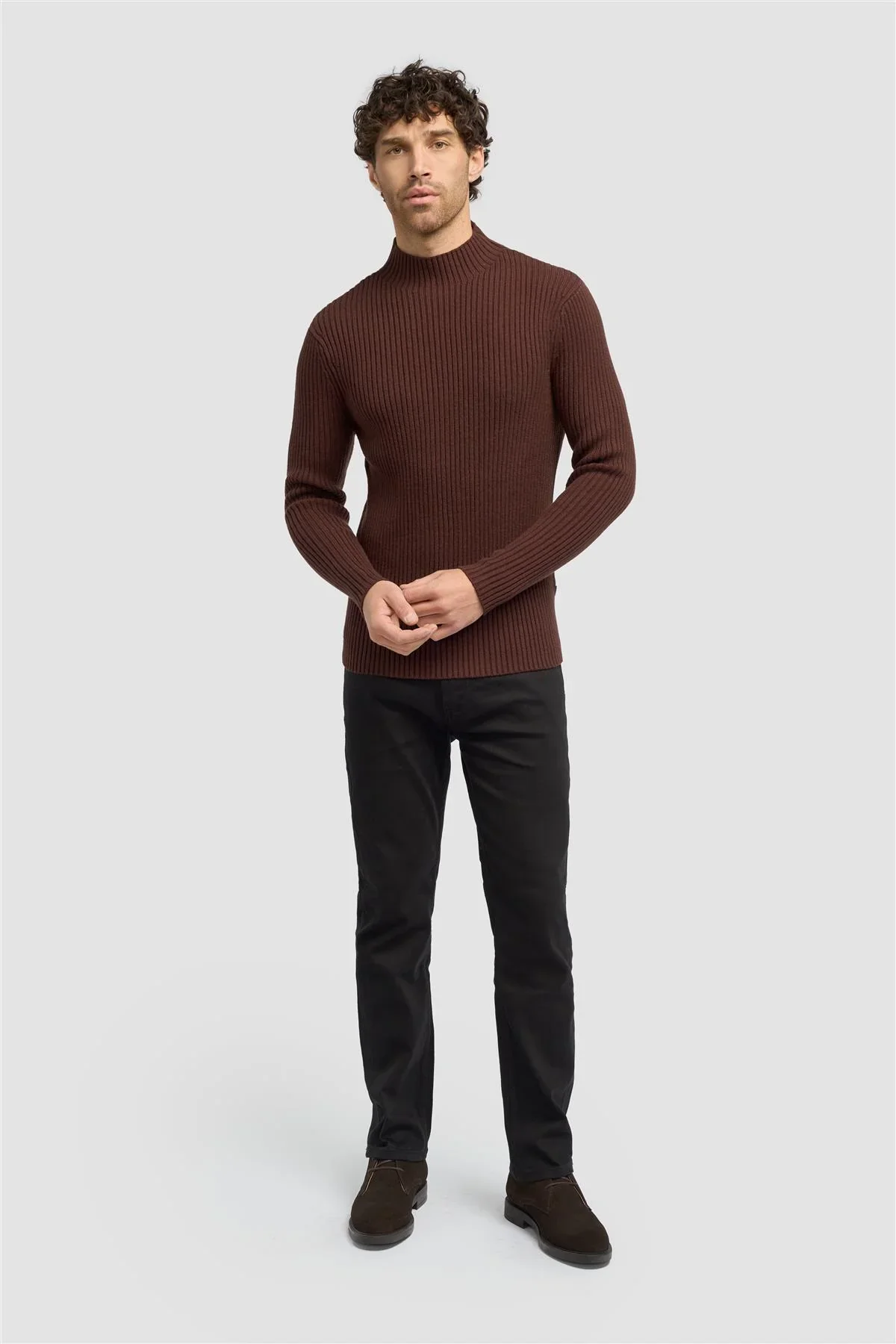 Men’s Wool-Cotton Blend Rib Knit Jumper - FOSCO - Brown - Image 2