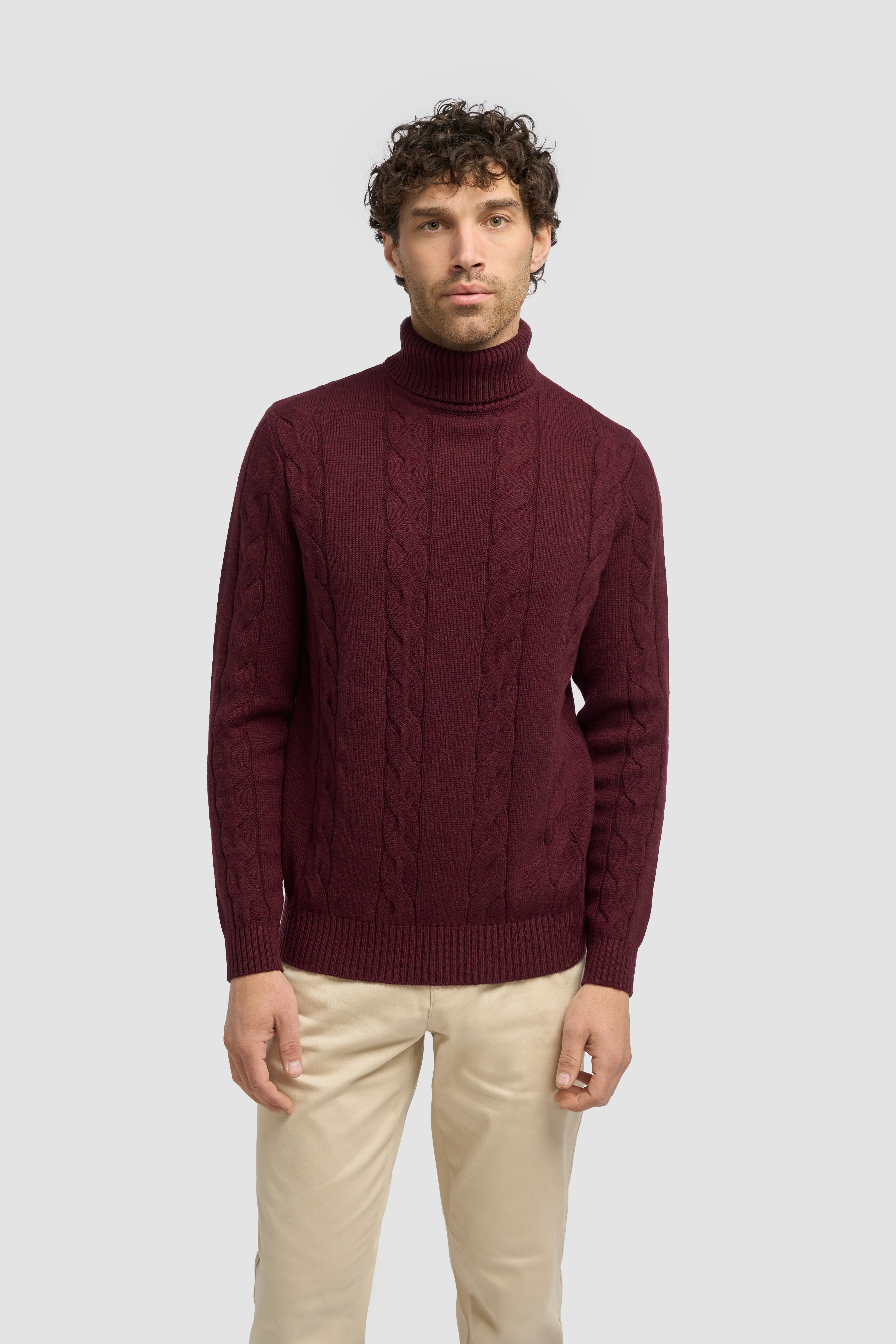Men’s Wool-Cotton Cable Knit Roll Neck Jumper - Archie - Wine