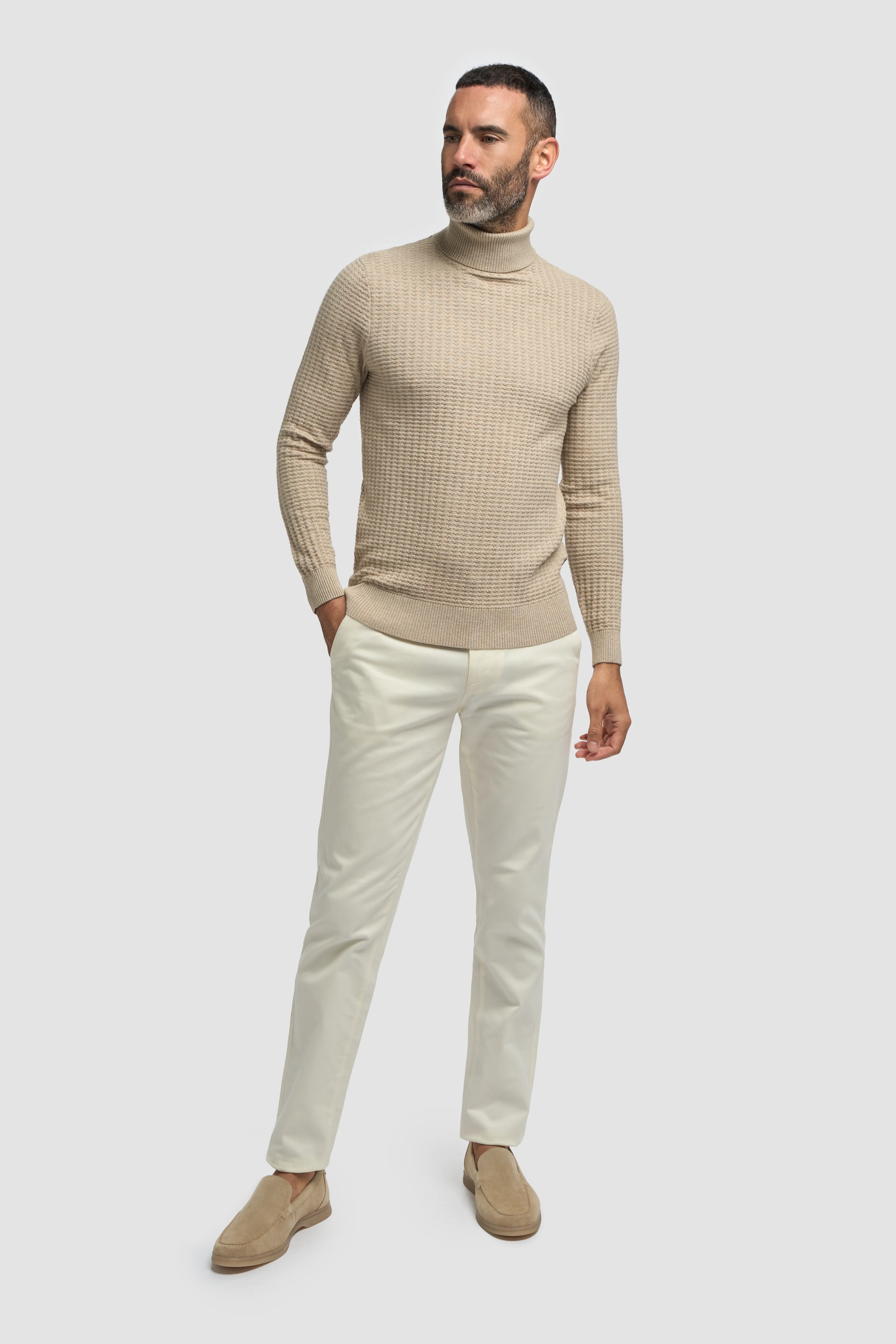 Men’s Wool-Cotton Waffle Knit Roll Neck Jumper - Argas - Fawn - Image 2