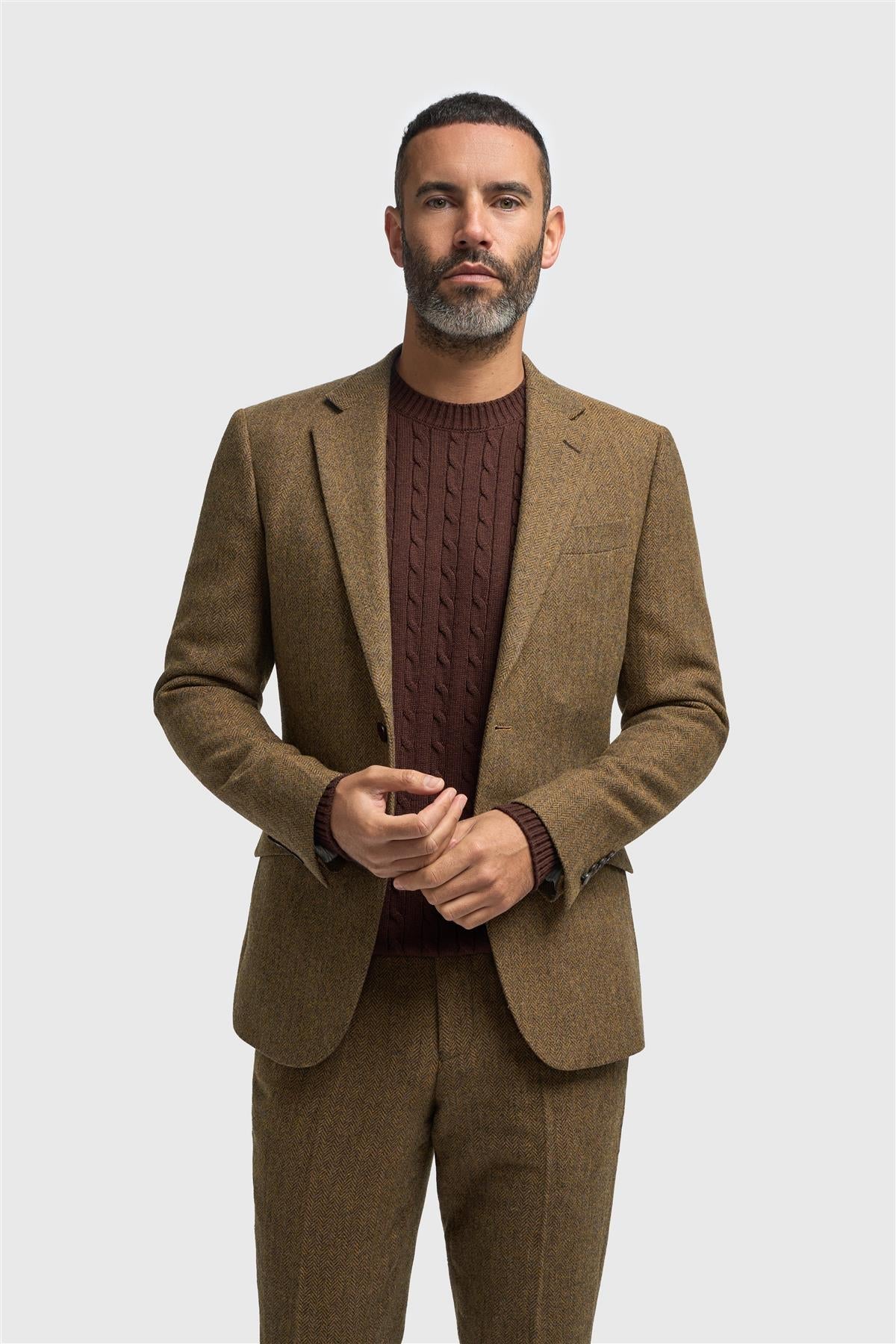 Men’s Wool Herringbone Tweed Suit Jacket - Thomas - Brown