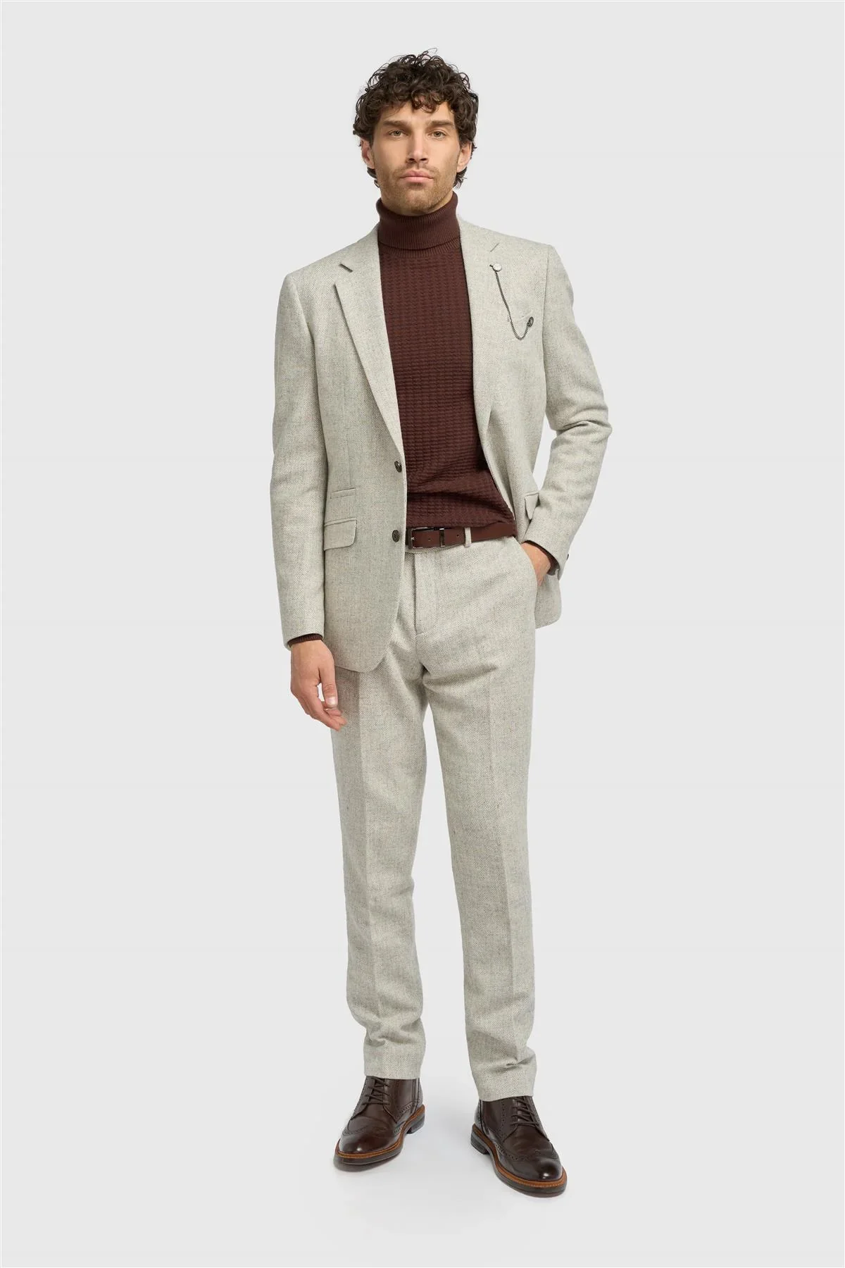 Men’s Wool Herringbone Tweed Suit Jacket - Thomas - Pearl Grey - Image 2