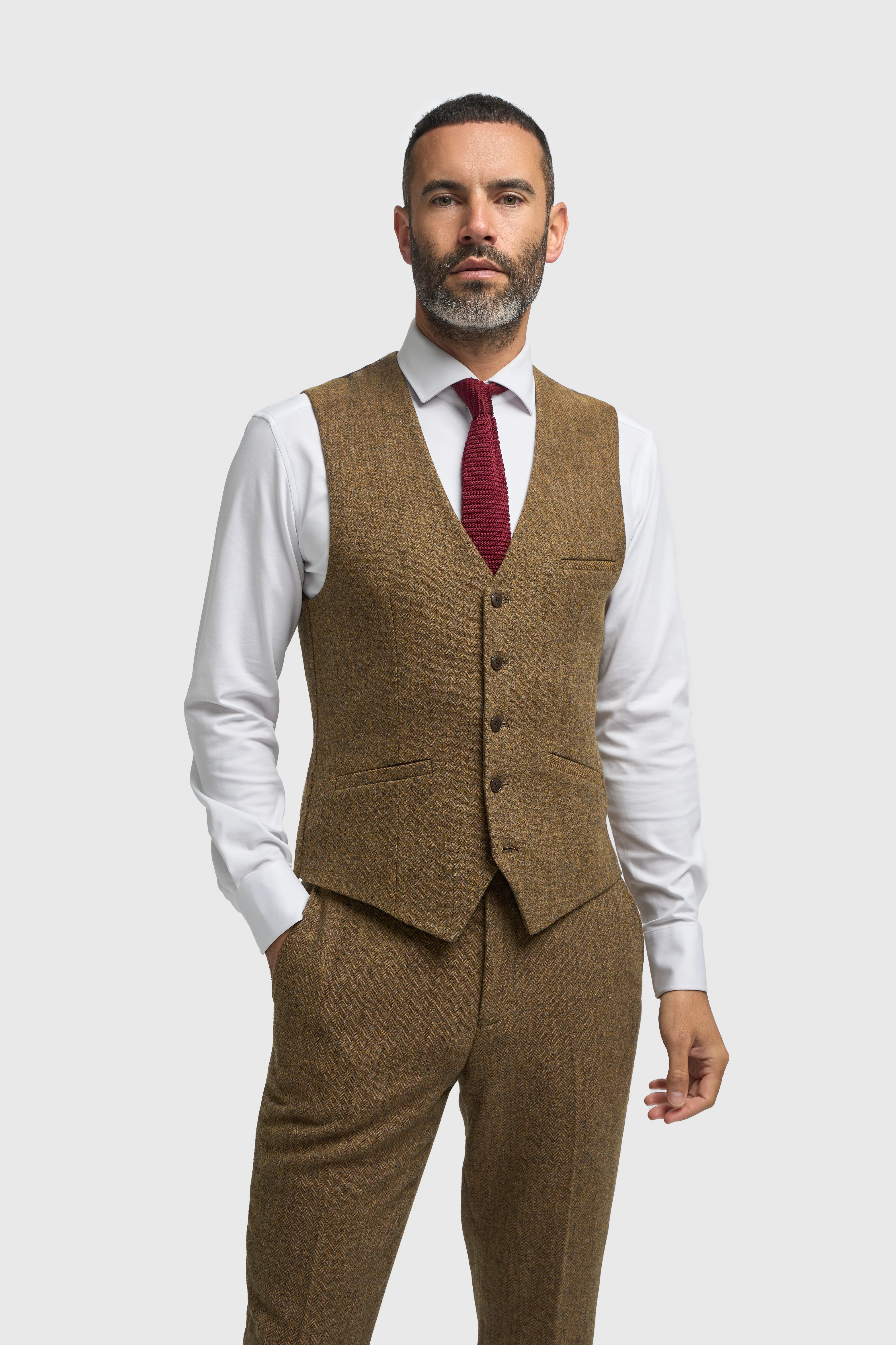 Men’s Wool Herringbone Tweed Waistcoat - Thomas - Brown