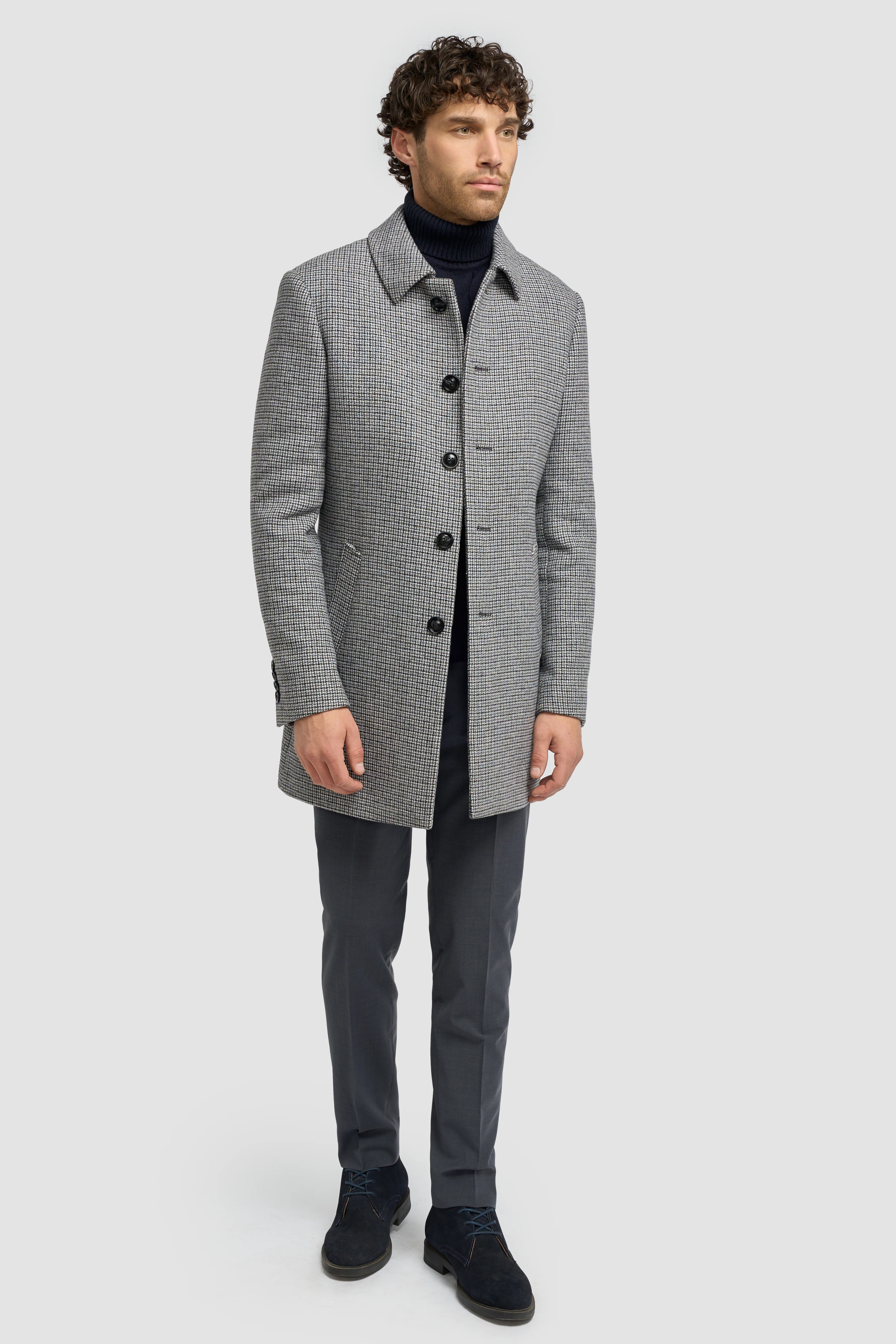 Men’s Wool Houndstooth Check Overcoat - Kerry - Grey - Image 2