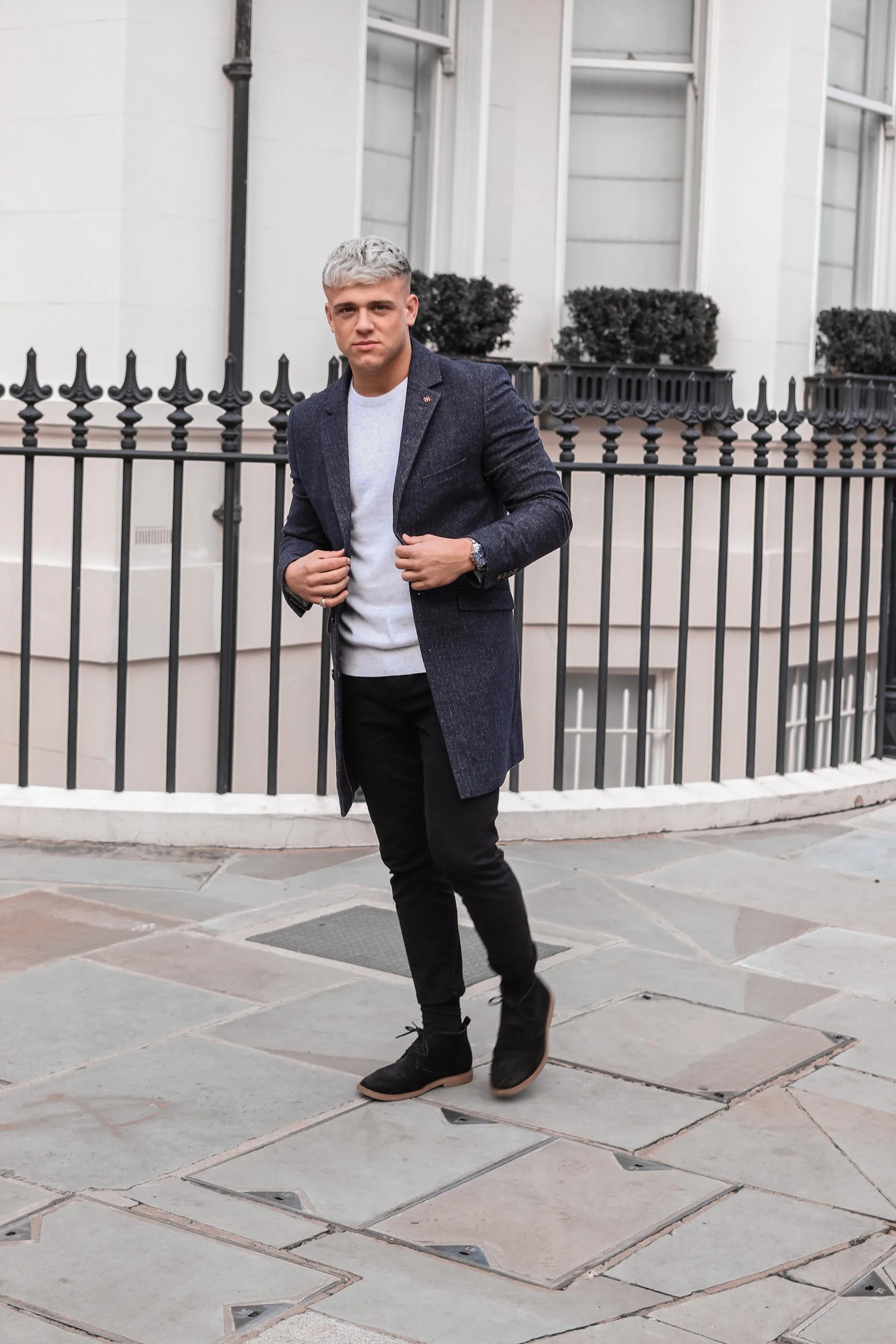 Men's Wool Midi Coat - ROMAN - Azure Blue - Image 5