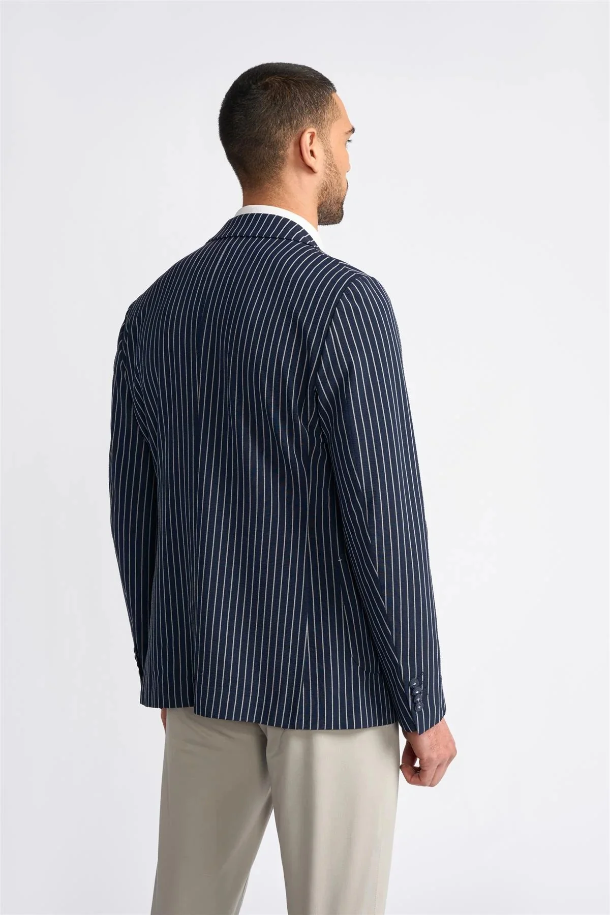 Men’s Slim Fit Pinstripe Navy Blazer - JULIAN - Navy Blue - Image 3