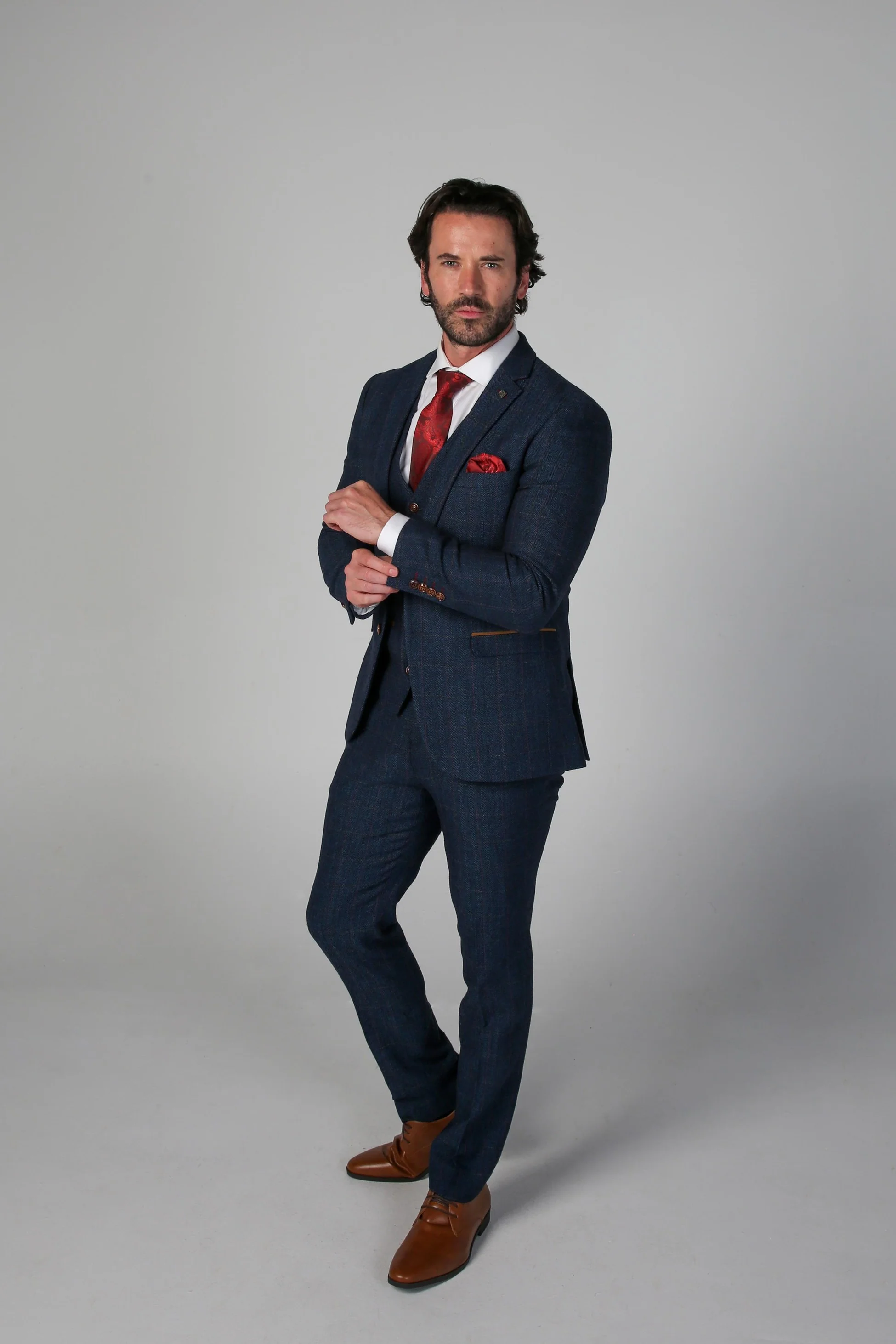 Men's Tweed Herringbone Tailored Fit Suit - SCOTT - Navy Blue - Image 4
