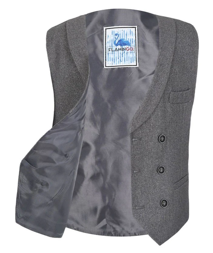 Men's and Boys Herringbone Double-breasted Waistcoat Set - Grey - Image 6