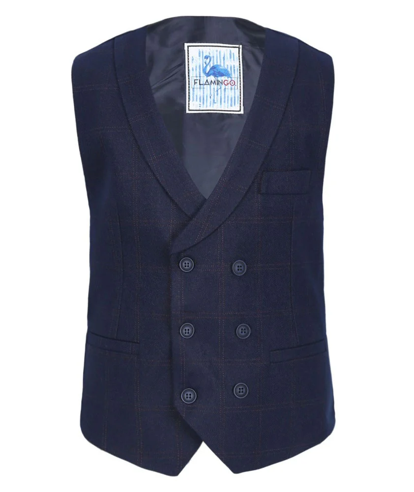 Men's and Boys Tweed Windowpane Check Waistcoat Set - Navy Blue - Image 5