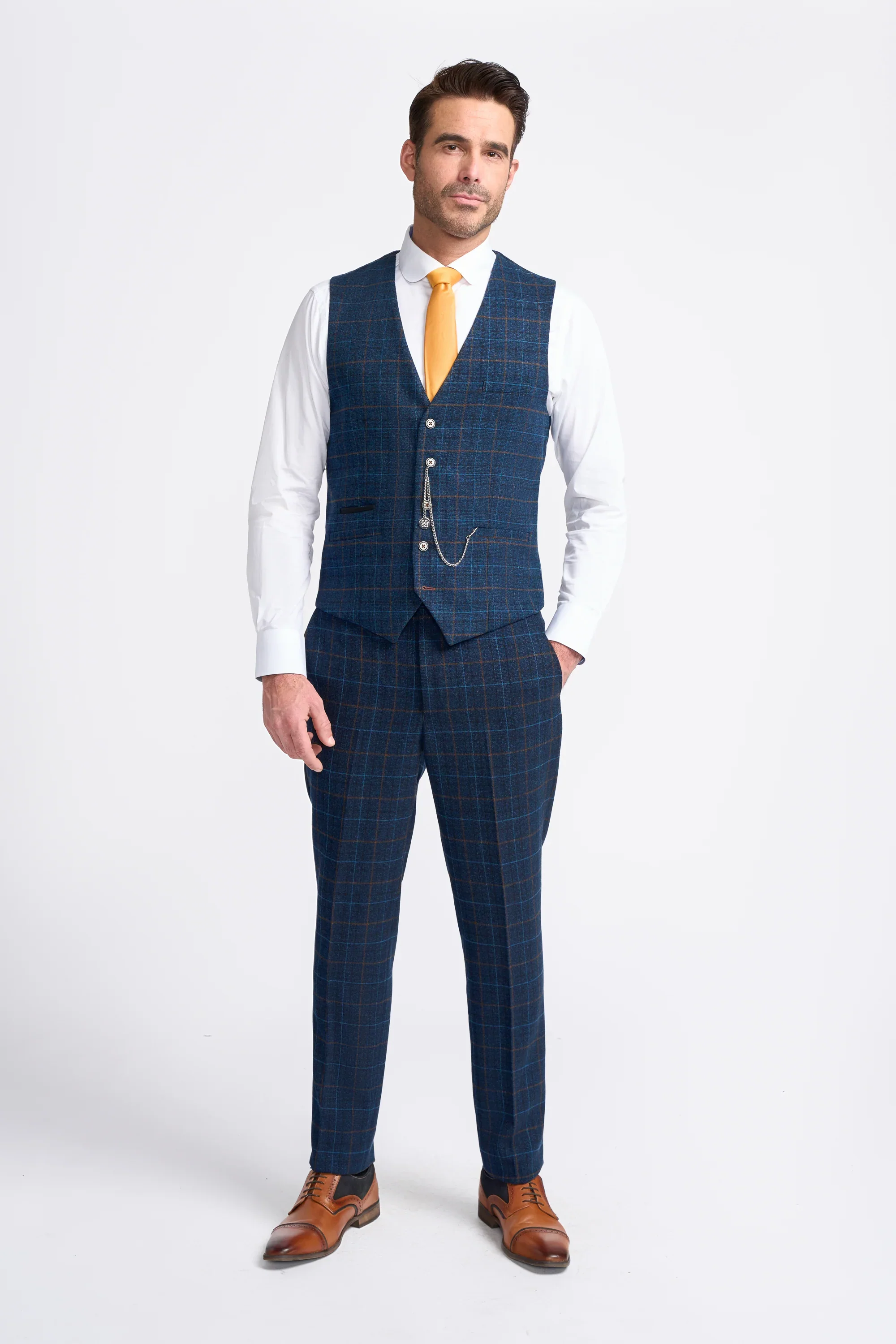 Men's Windowpane Check Tweed Blue Suit - CODY - Navy Blue - Image 4
