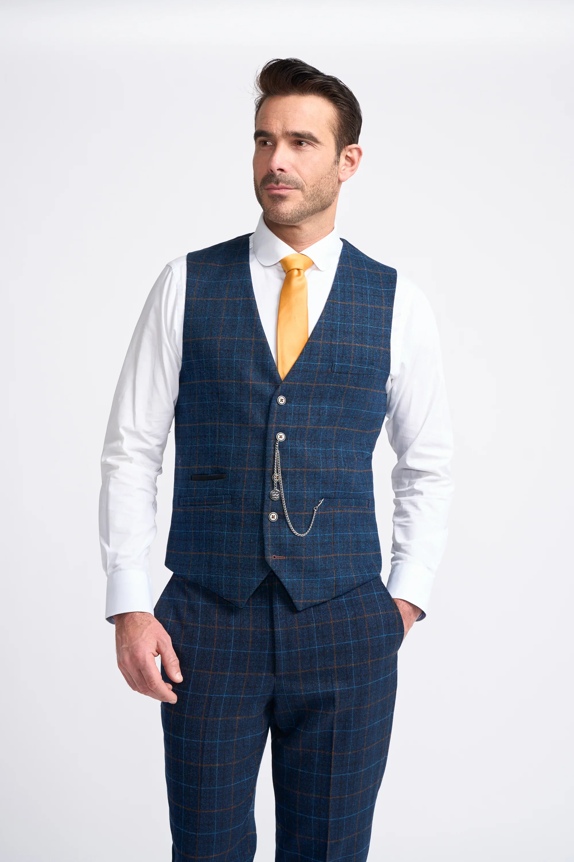 Men's Windowpane Check Tweed Blue Suit - CODY - Navy Blue - Image 5