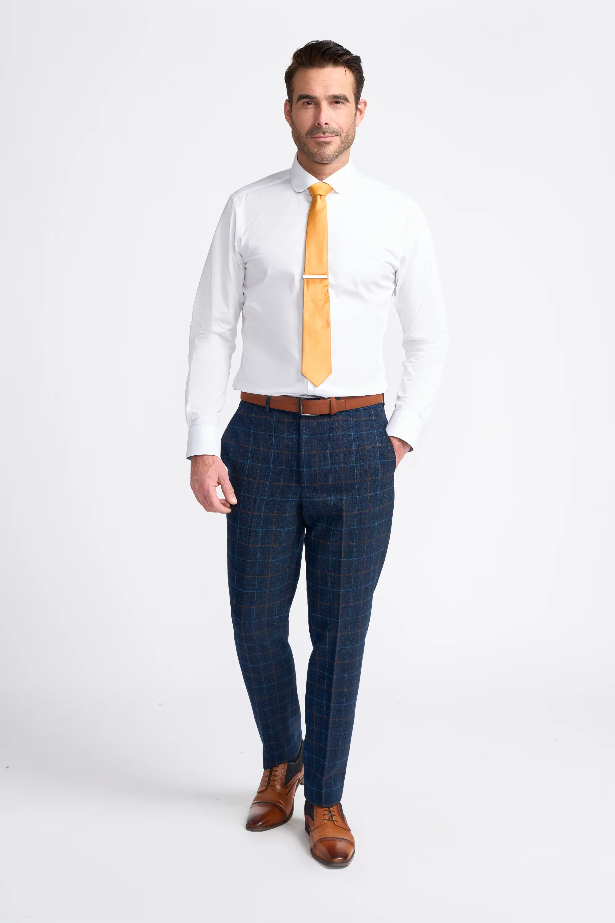 Men's Windowpane Check Tweed Blue Suit - CODY - Navy Blue - Image 7