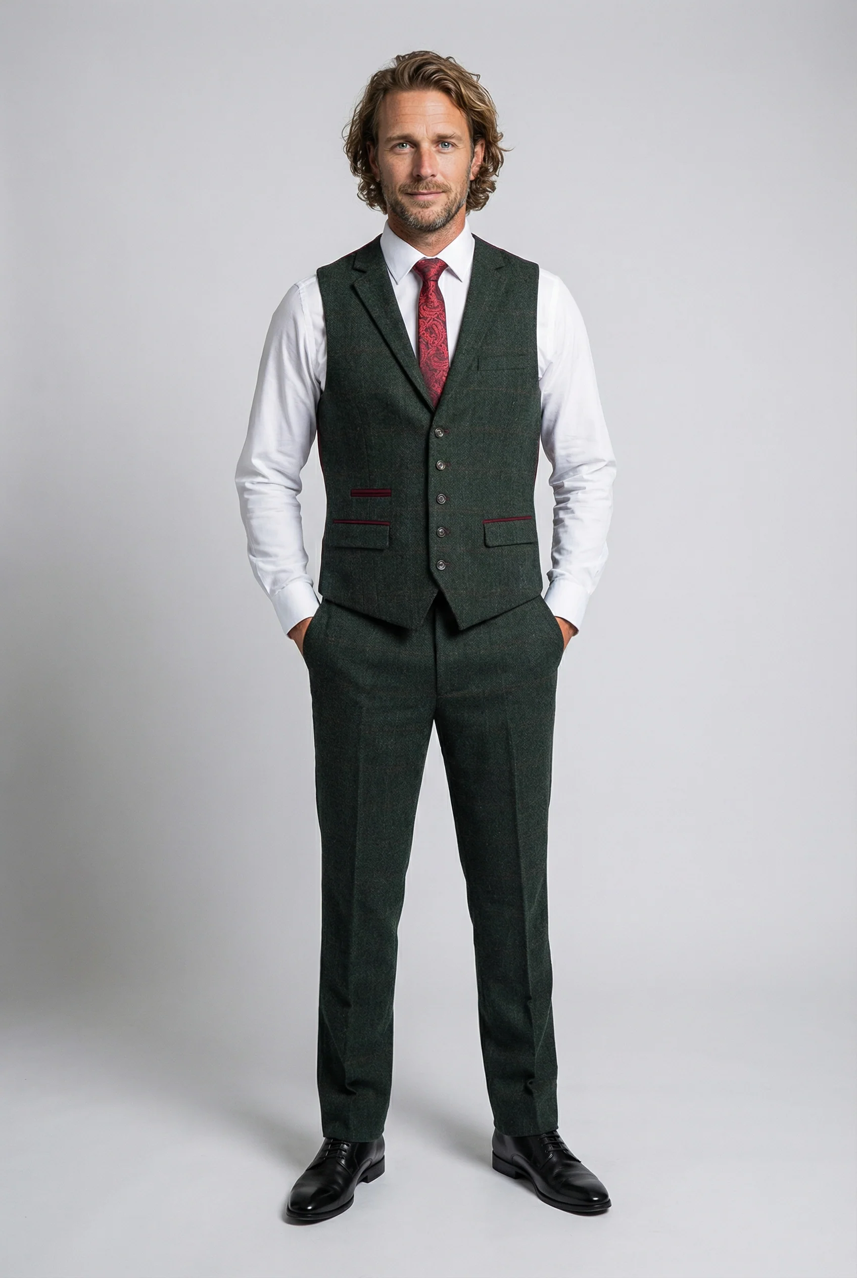 Men's Tweed Check Tailored Fit Waistcoat - JOSHUA Green - Image 2