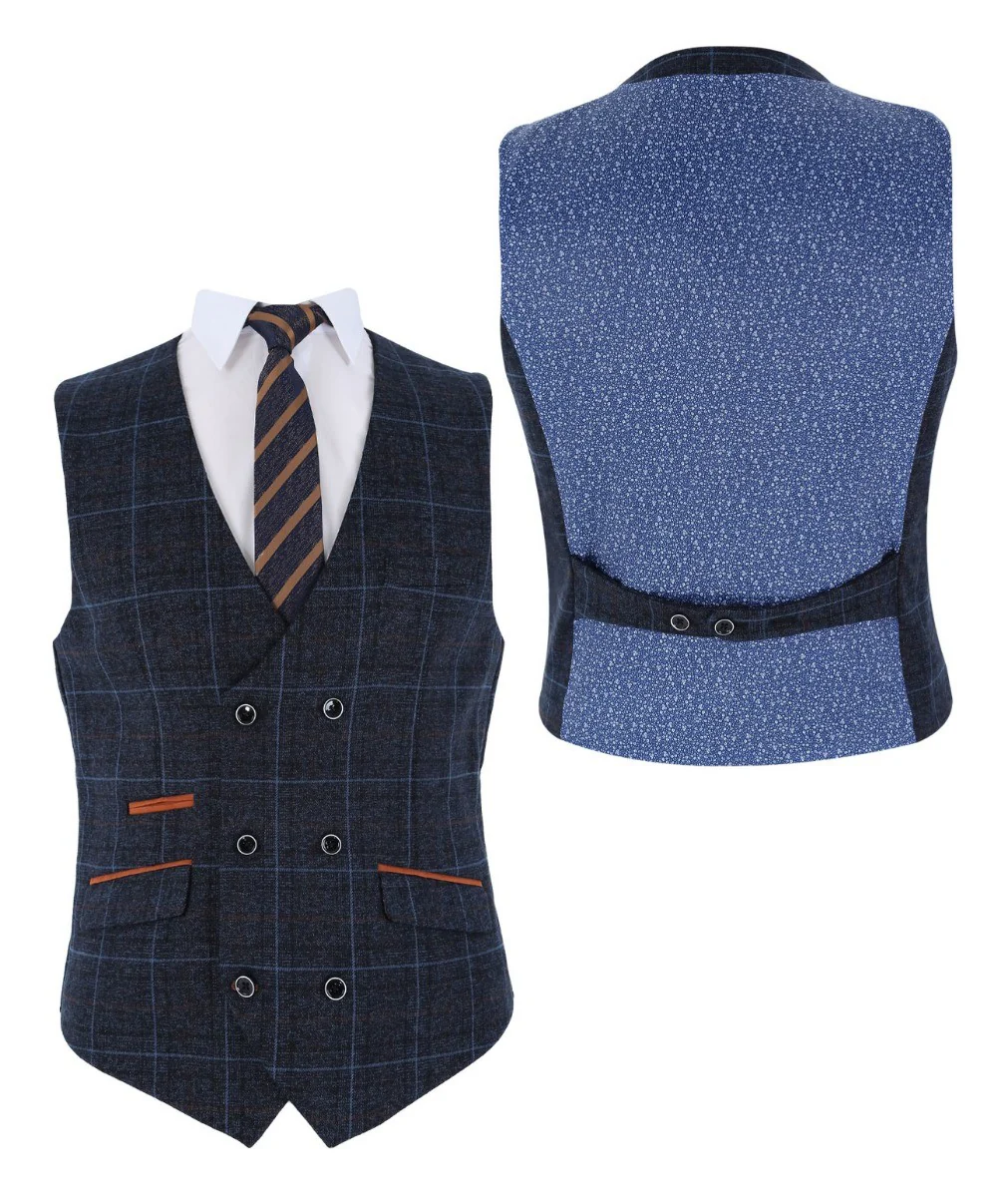 Men's Tailored Fit Retro Check Waistcoat - ANTHONY NAVY - Image 5